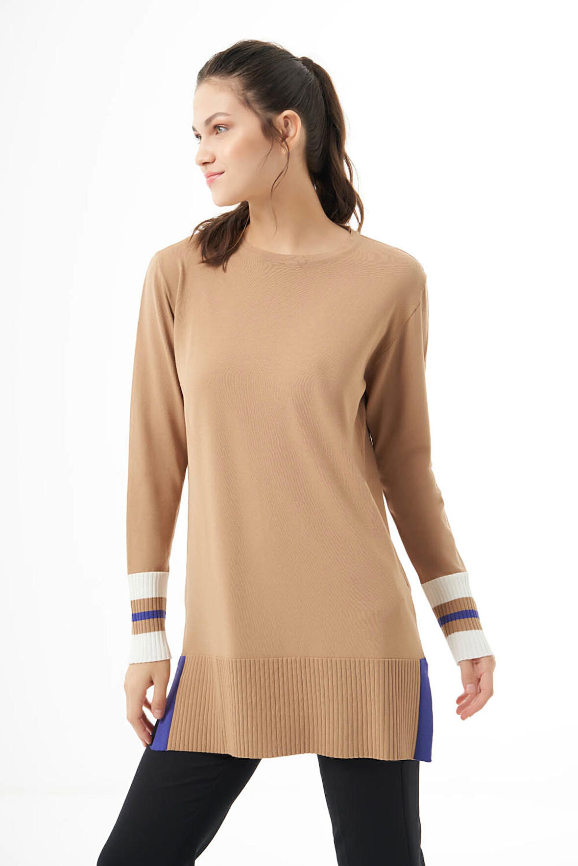 Kol Renkli Rayon Triko Camel Tunik