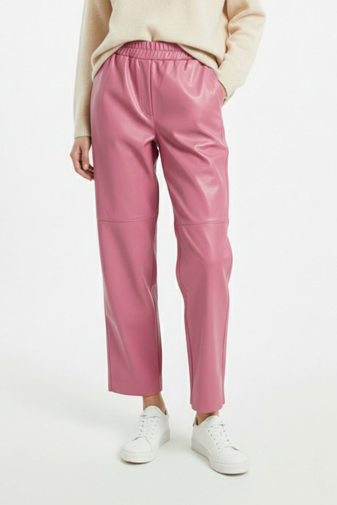 Mizalle Deri Görünümlü Pembe Jogger Pantolon