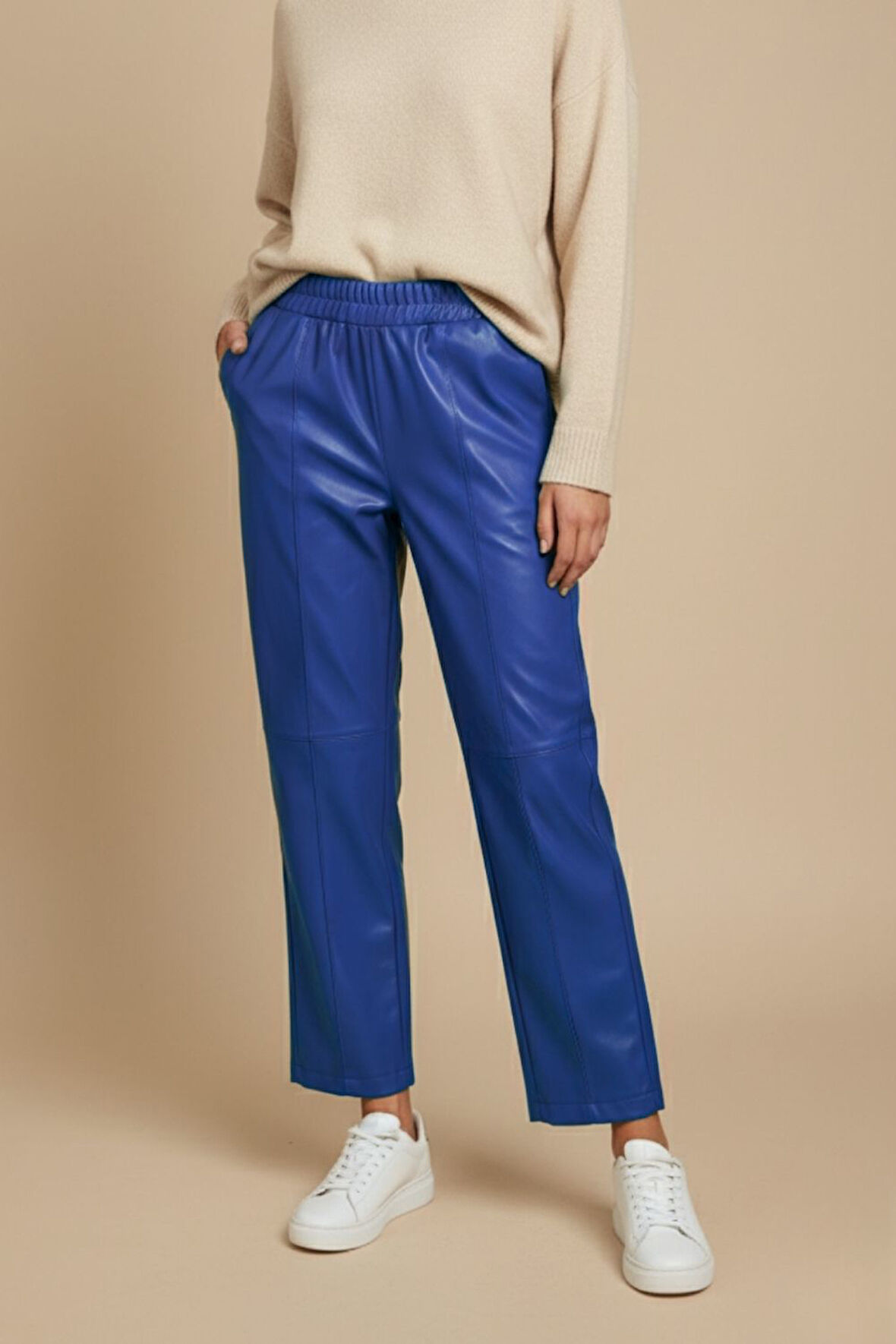 Saks Mizalle Deri Görünümlü Mavi Jogger Pantolon