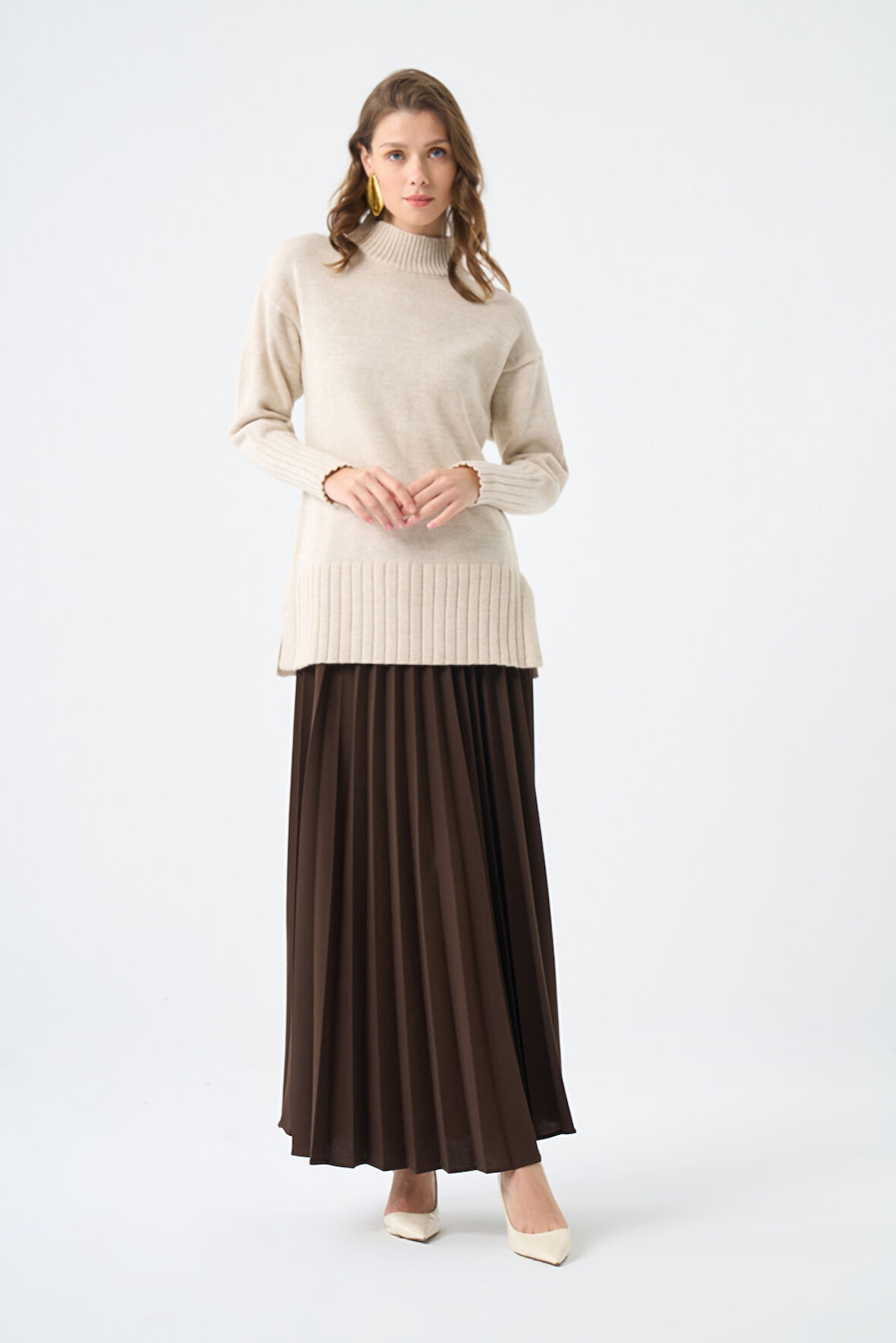 Basic Örme Pliseli Krep Kahve Etek