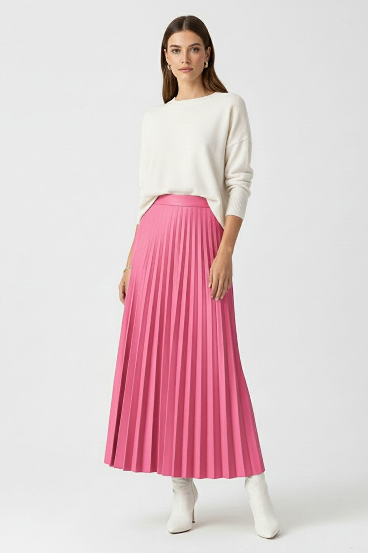 Mizalle Deri Görünümlü Piliseli Pembe Maksi Etek