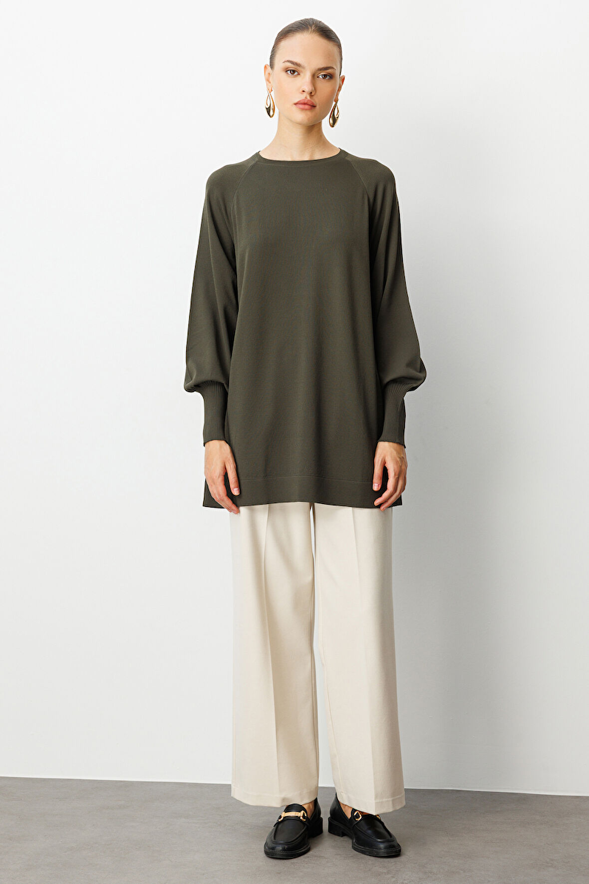 Balon Kollu Rayon Haki Tunik