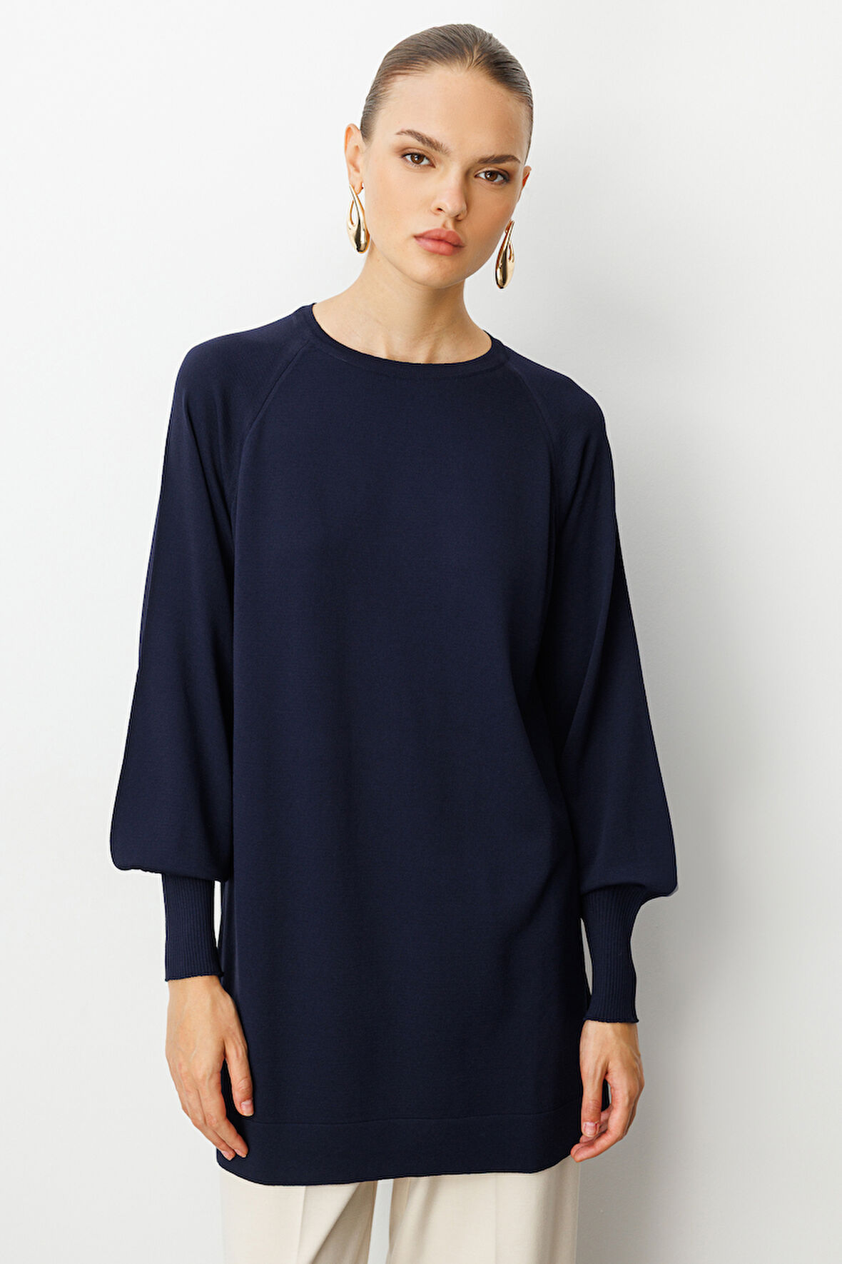 Balon Kollu Rayon Lacivert Tunik