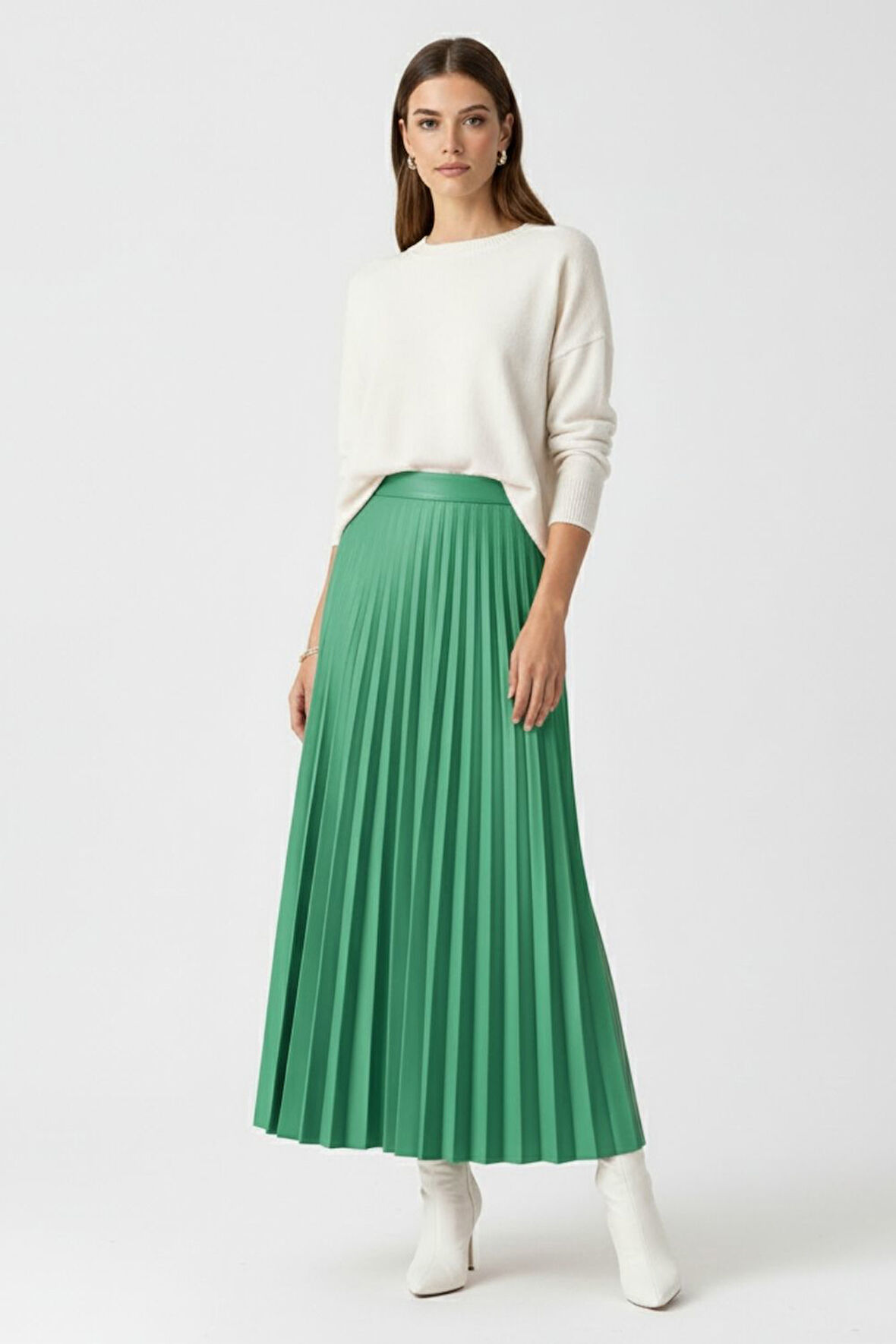 Mizalle Deri Görünümlü Piliseli Yeşil  Maksi Etek