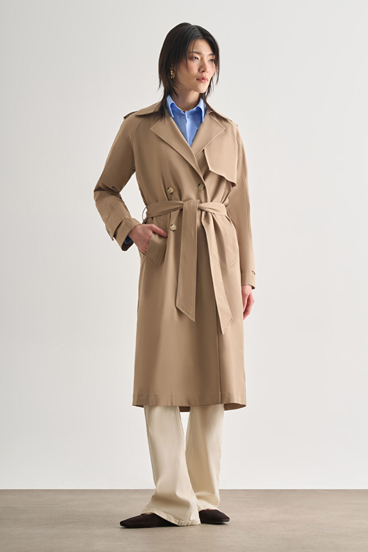 Mizalle Premium Pamuk Karışımlı Bej Rengi Uzun Trençkot