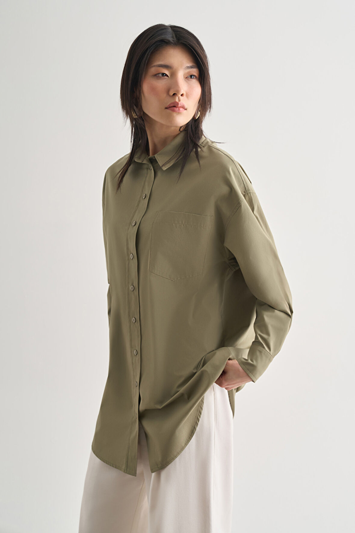 Mizalle Premium Saf Pamuk Haki Oversize Gömlek
