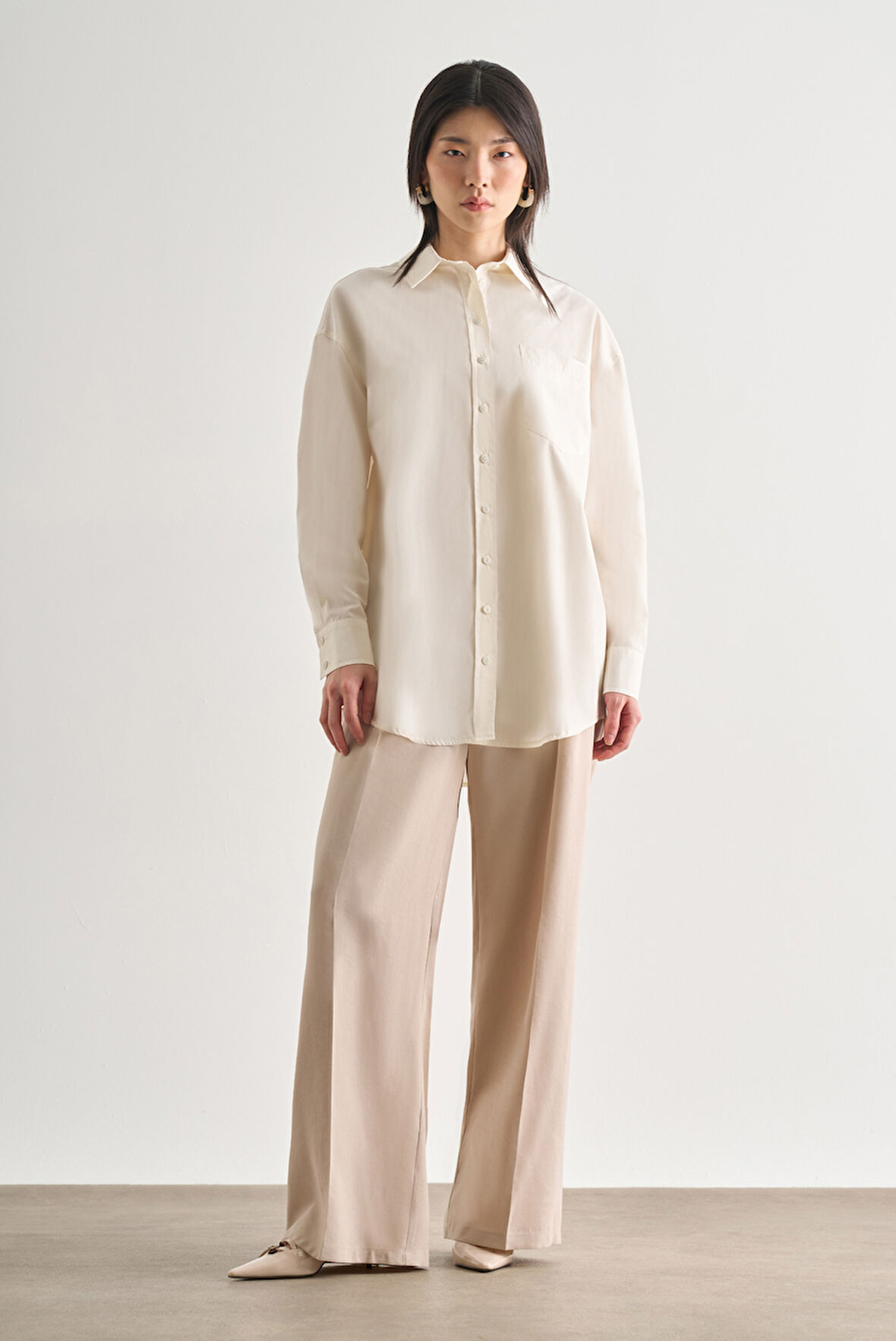 Mizalle Premium Saf Pamuk Ekru Oversize Gömlek