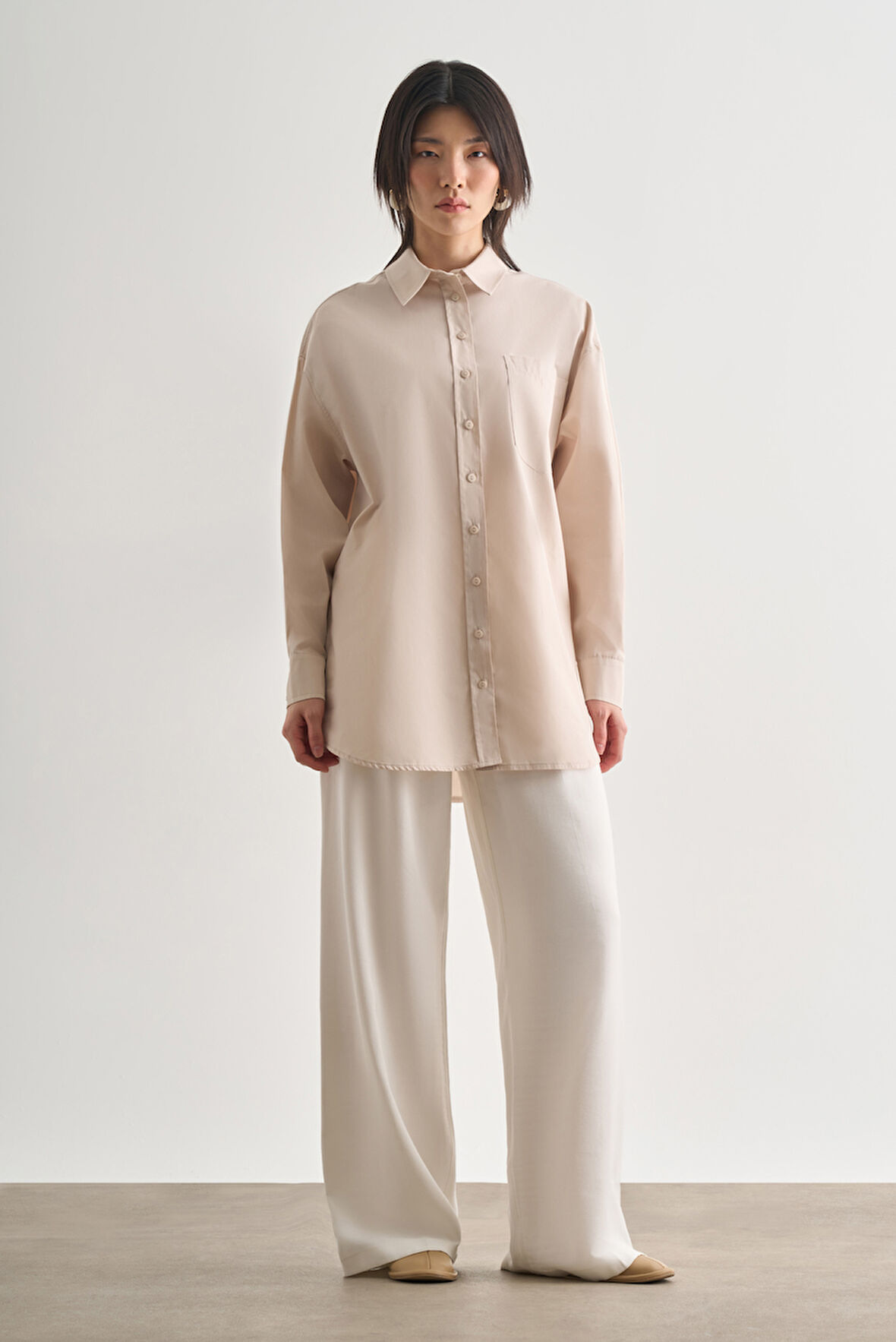 Mizalle Premium Saf Pamuk Taş Rengi  Oversize Gömlek