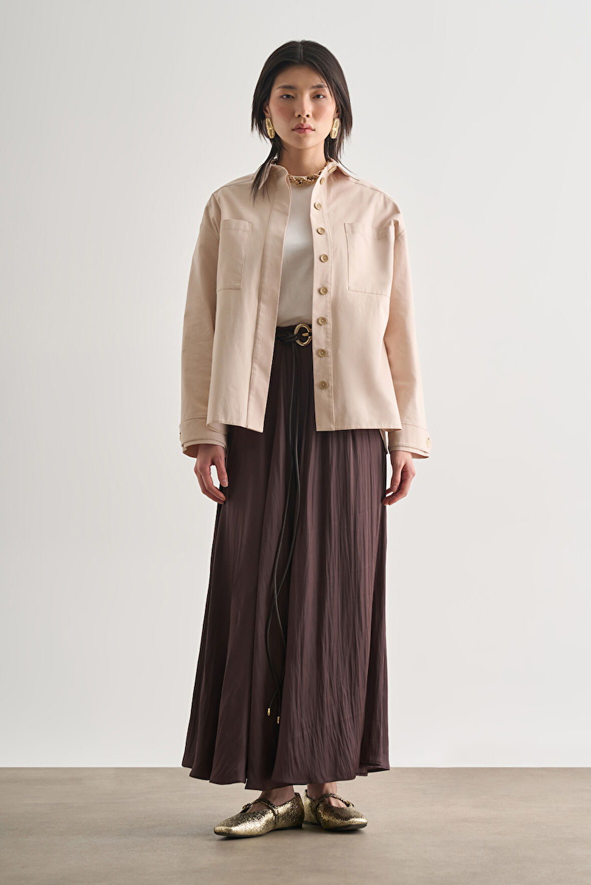 Mizalle Premium Saf Pamuk Oversize Bej Rengi Ceket Gömlek