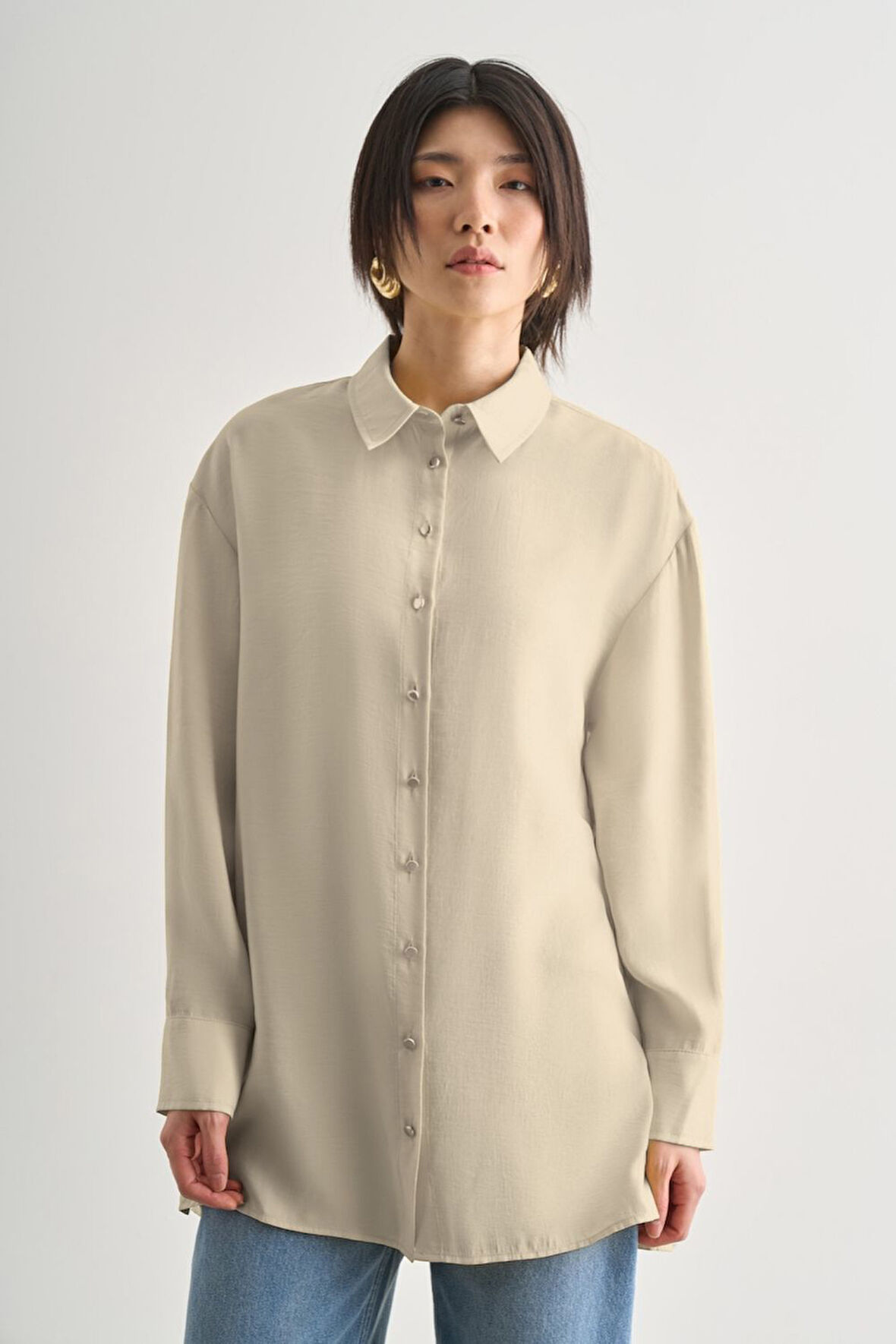 Mizalle Yan Düğme Detaylı Premium Modal Taş Rengi Tunik