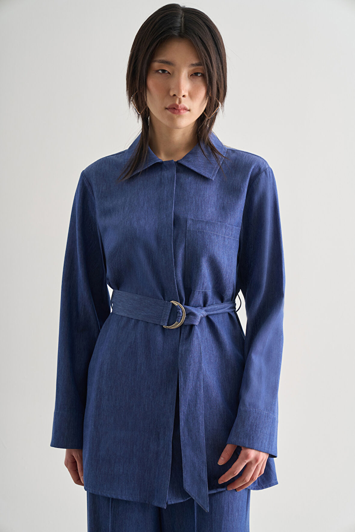 İndigo Mavi Mizalle Denim Dokulu Kemerli Tunik