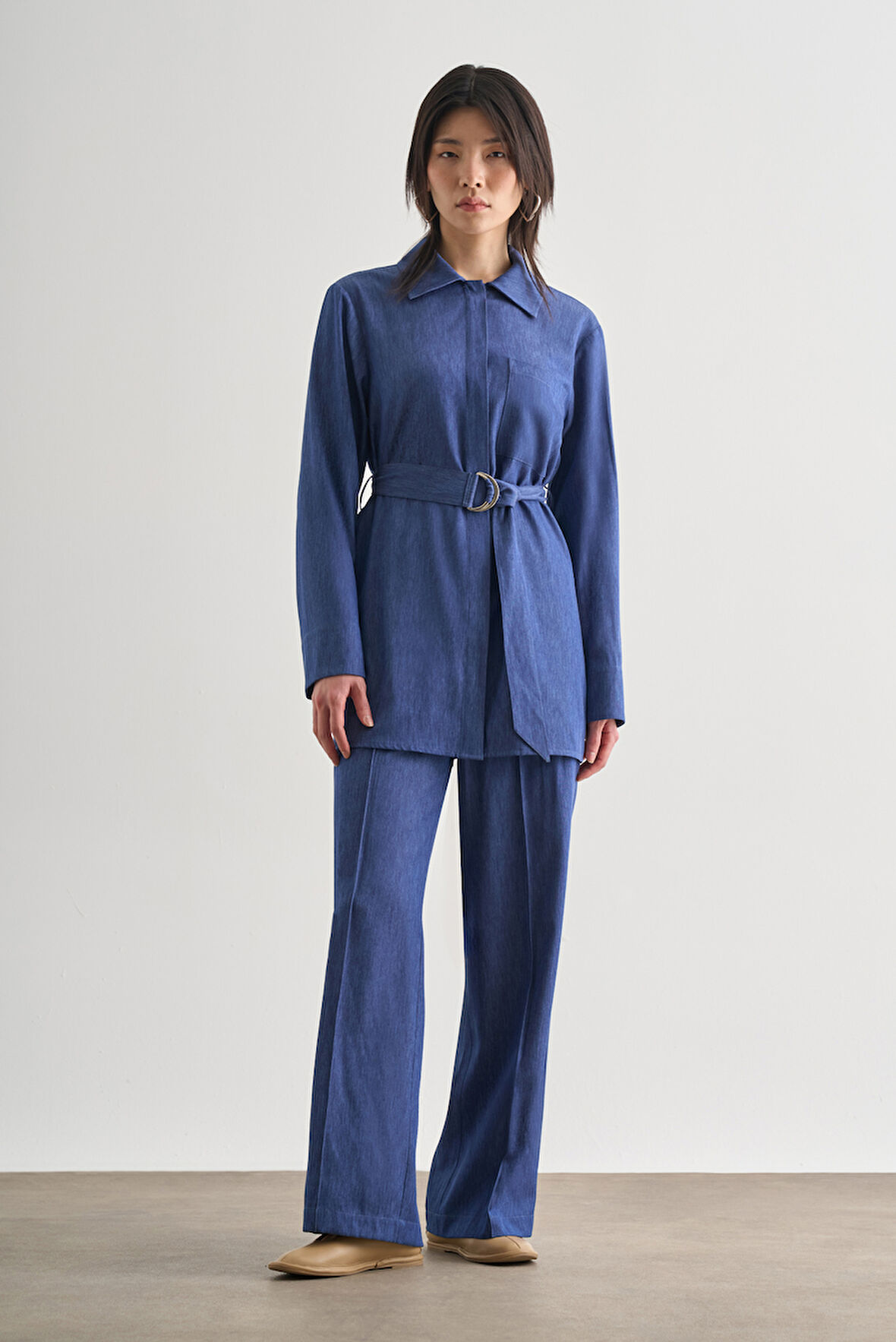 İndigo Mavi Mizalle Denim Dokulu Beli Lastikli Geniş Paça Pantolon