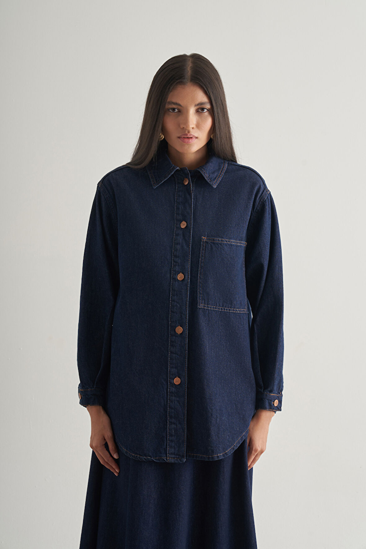 Mizalle Oversize Düğmeli Lacivert Denim Tunik
