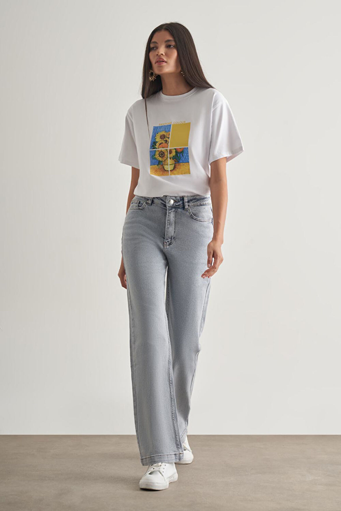 Mizalle Geniş Paça Yüksek Bel Kar Mavi Denim Pantolon