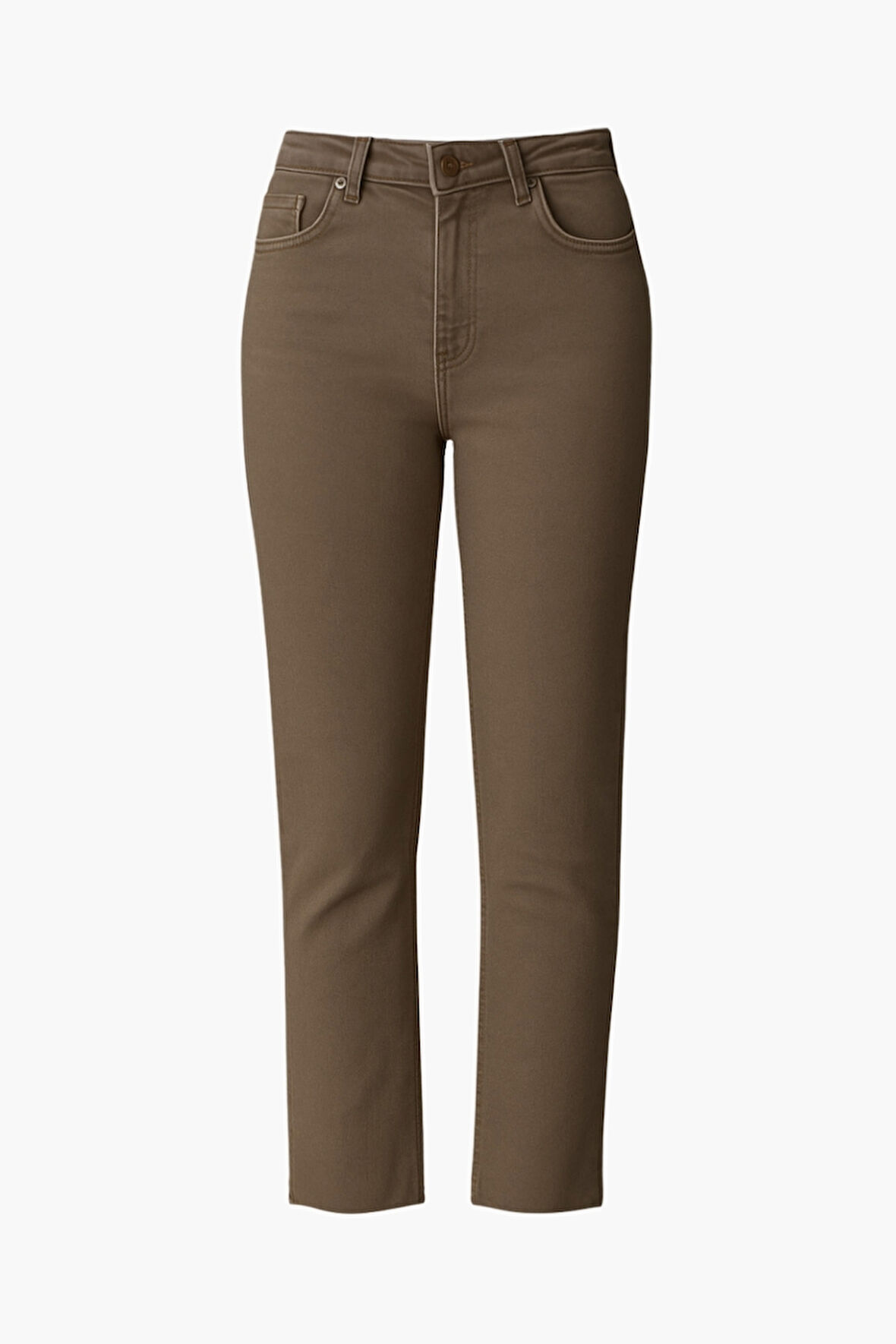 Mizalle  Kesik Paça Mom Fit Vizon Rengi Denim Pantolon