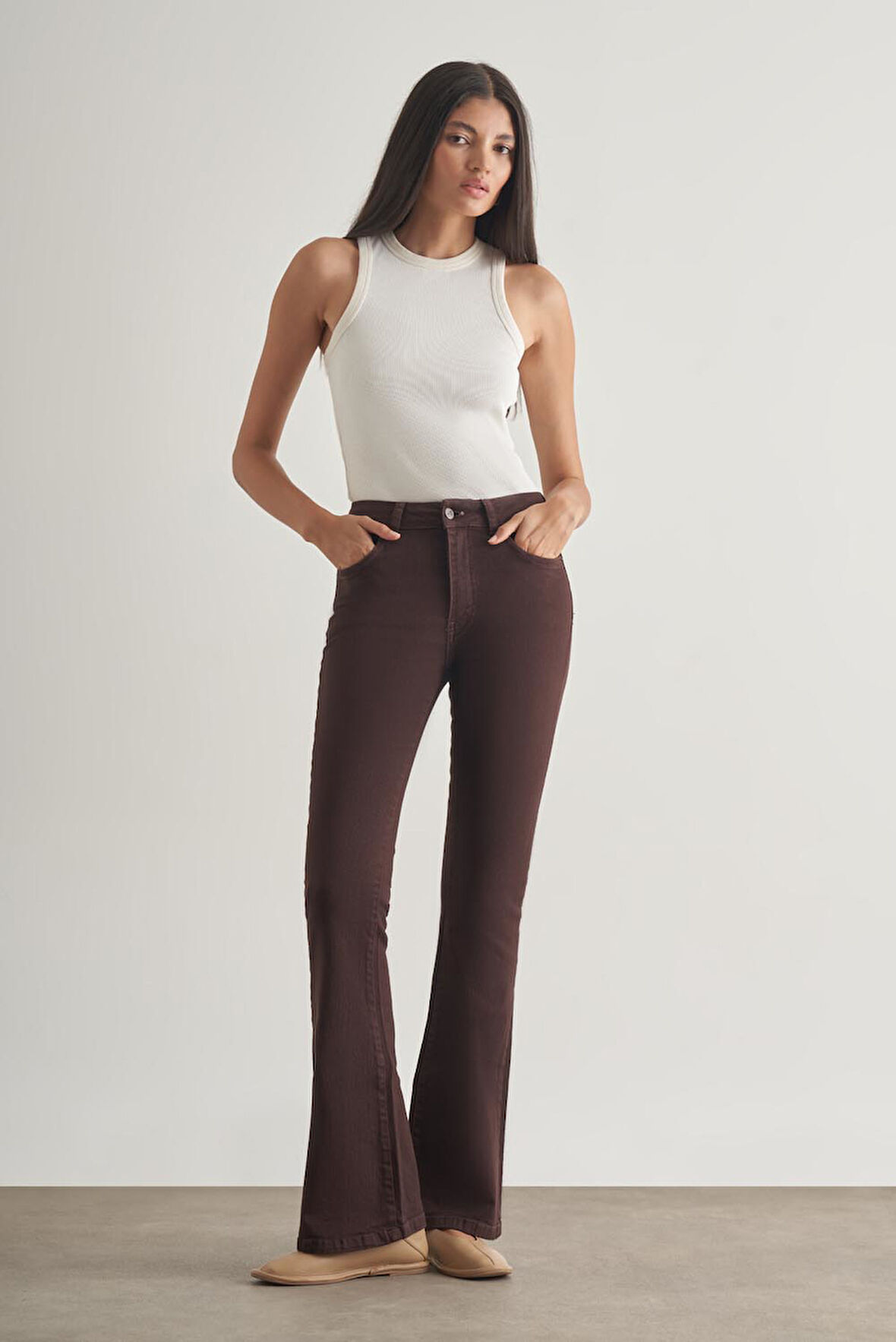 Mizalle Skinny Fit Flare Paça Kahverengi Denim Pantolon