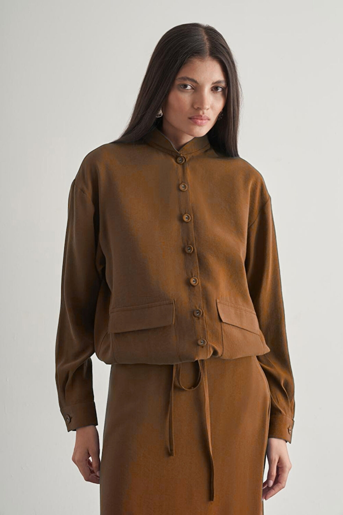 Taba Mizalle İp Büzgülü Torba Cepli Modal Karışımlı Camel Ceket