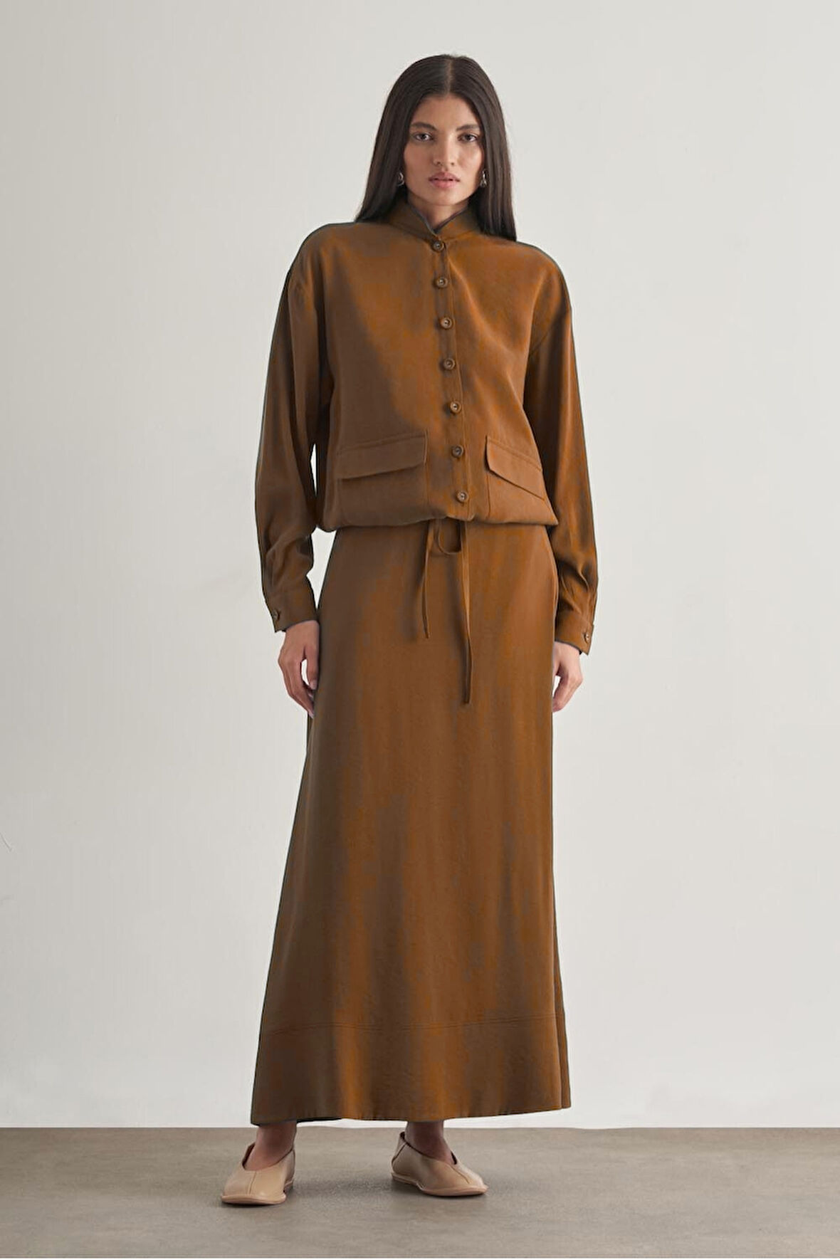 Taba Mizalle Modal Karışımlı Camel Maksi Evaze Etek