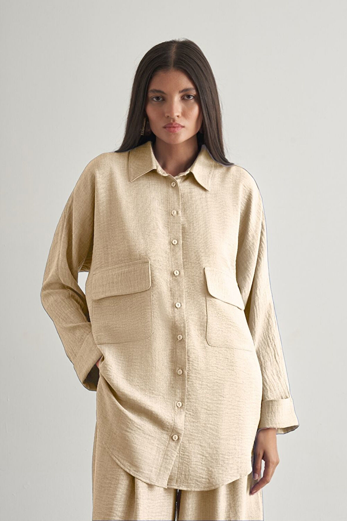 Mizalle Keten Dokulu Torba Cepli Bej Rengi Tunik