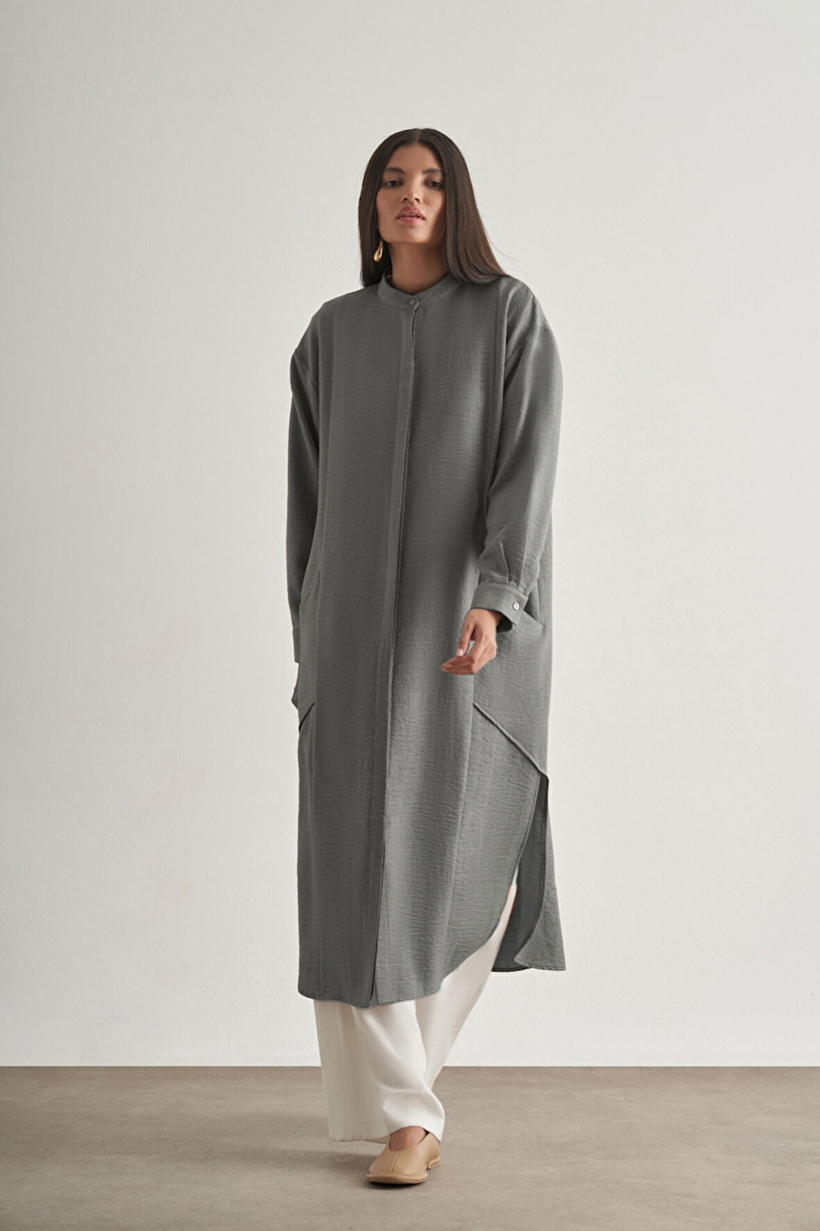 Mizalle Keten Dokulu Verev Cepli Gri Uzun Tunik