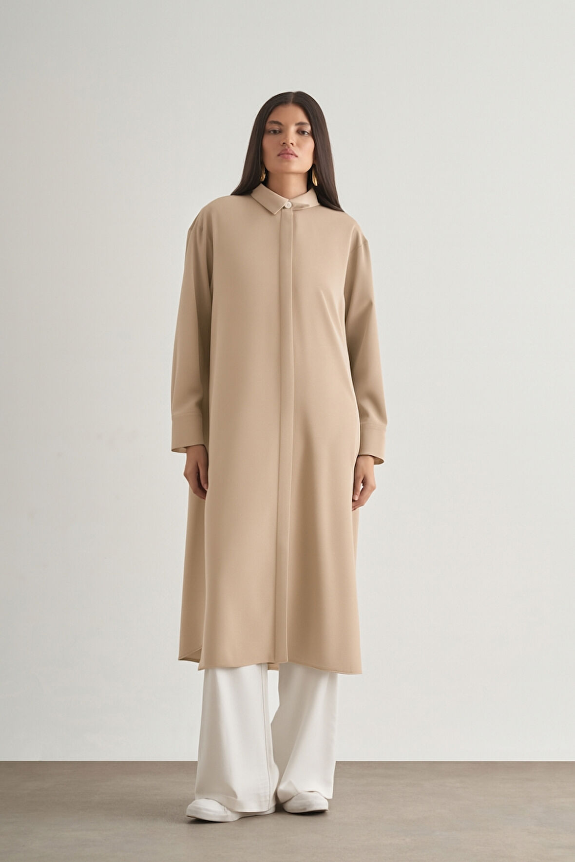 Mizallle Çıtçıtlı Uzun Yazlık Taş Rengi Tunik