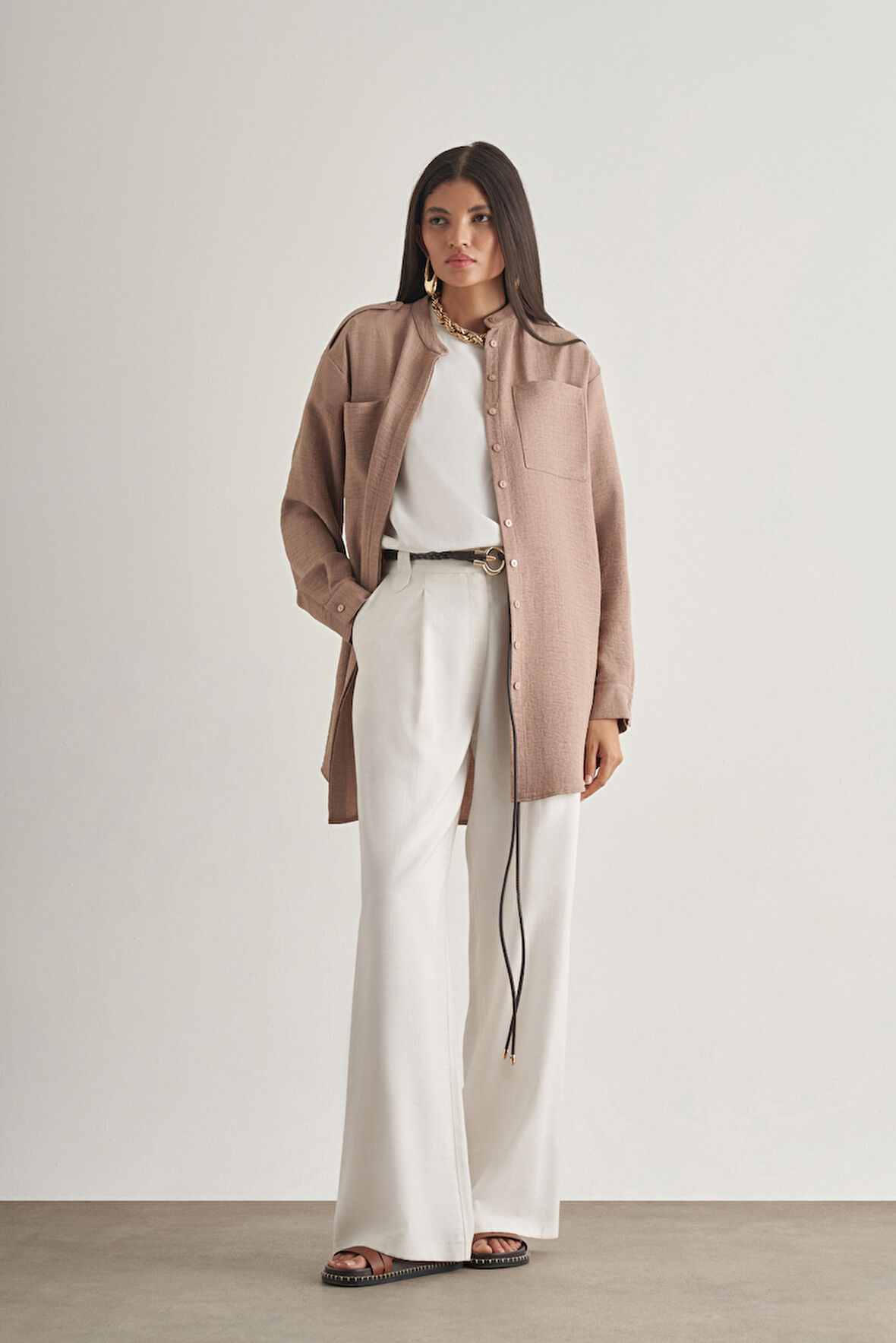 Mizalle Keten Dokulu Apoletli Bej Rengi Tunik