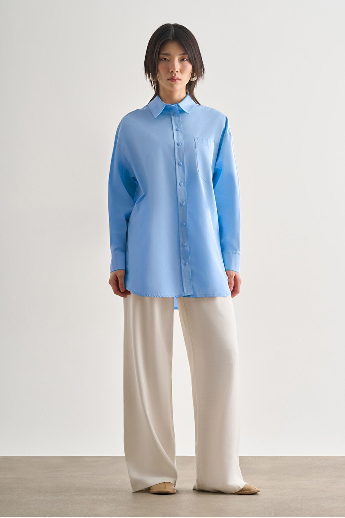Mizalle Premium Saf Pamuk Açık Mavi Oversize Gömlek
