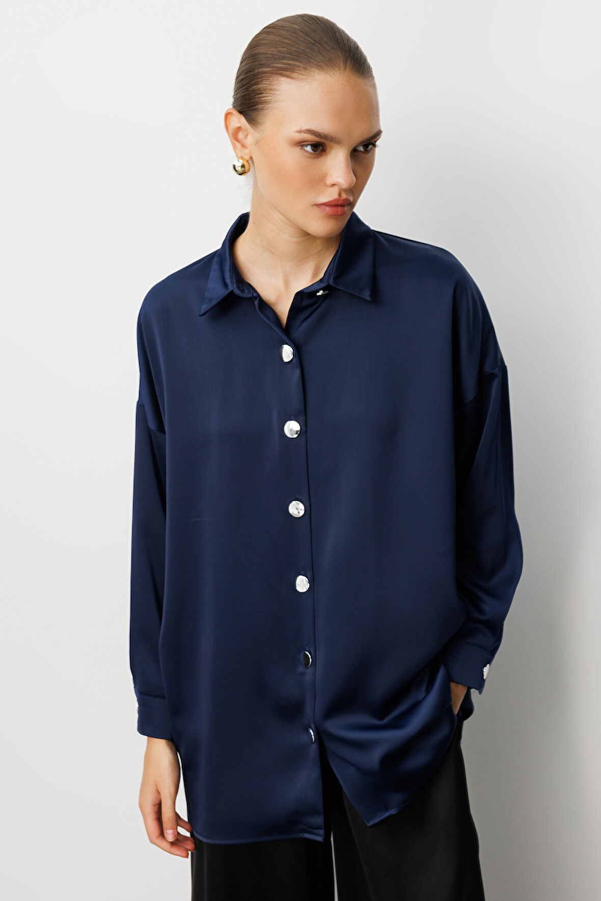 Mizalle Metal Düğmeli Bordo Saten Tunik Gömlek