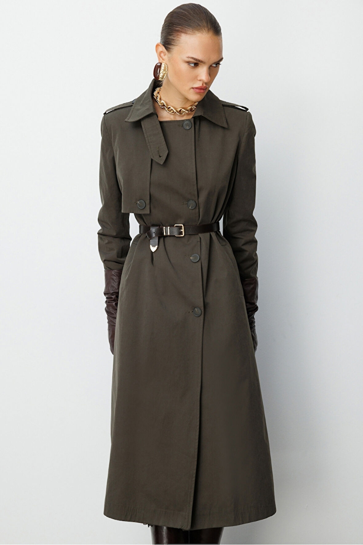 Mizalle Haki Apoletli Klasik Maxi Mac Trençkot