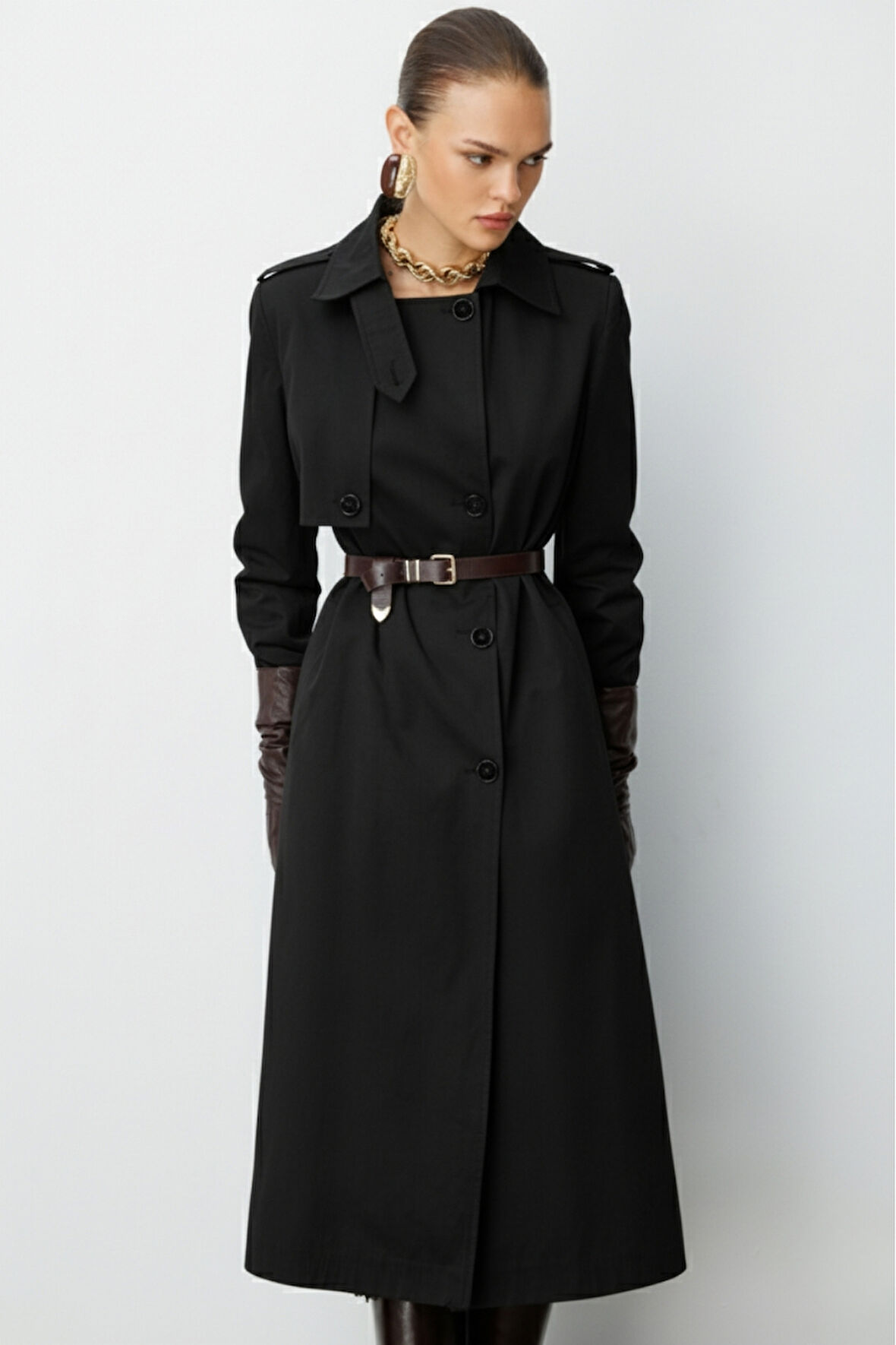 Mizalle Siyah Apoletli Klasik Maxi Mac Trençkot