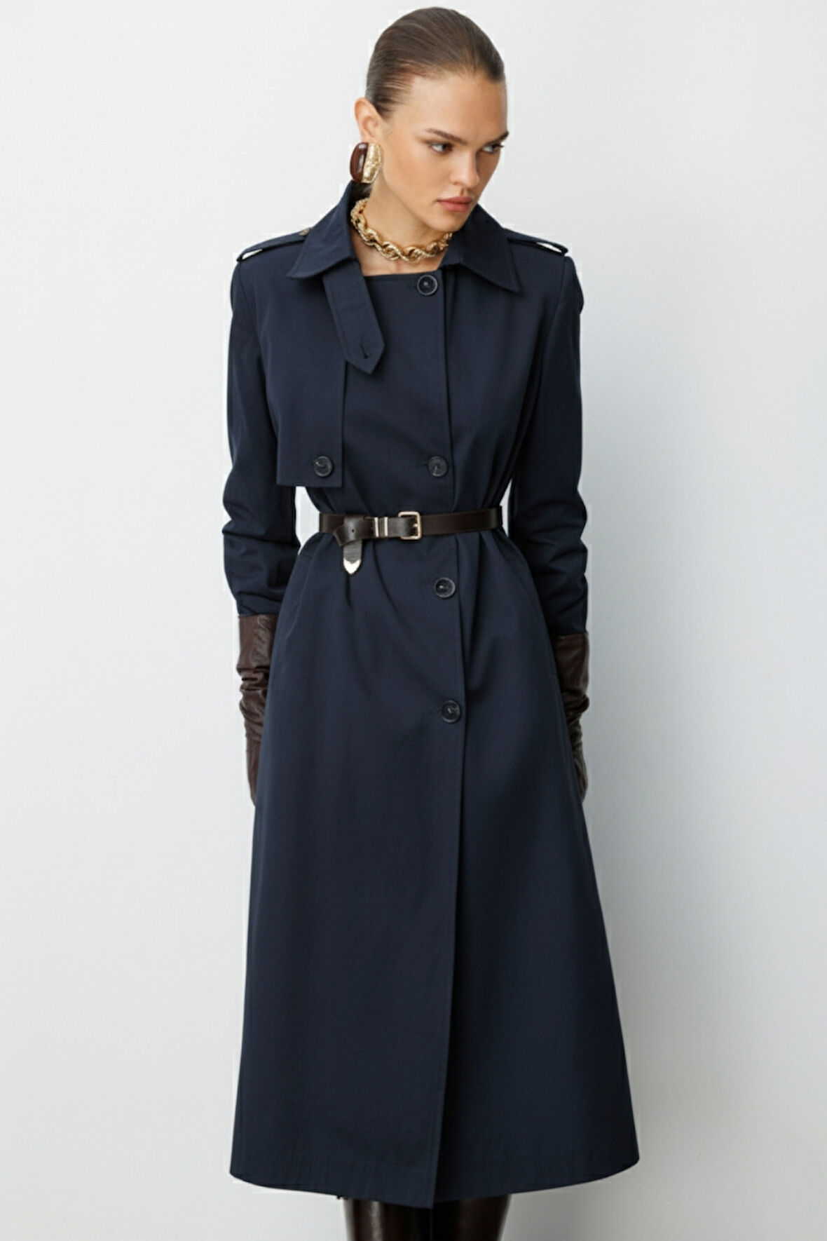 Mizalle Lacivert Apoletli Klasik Maxi Mac Trençkot