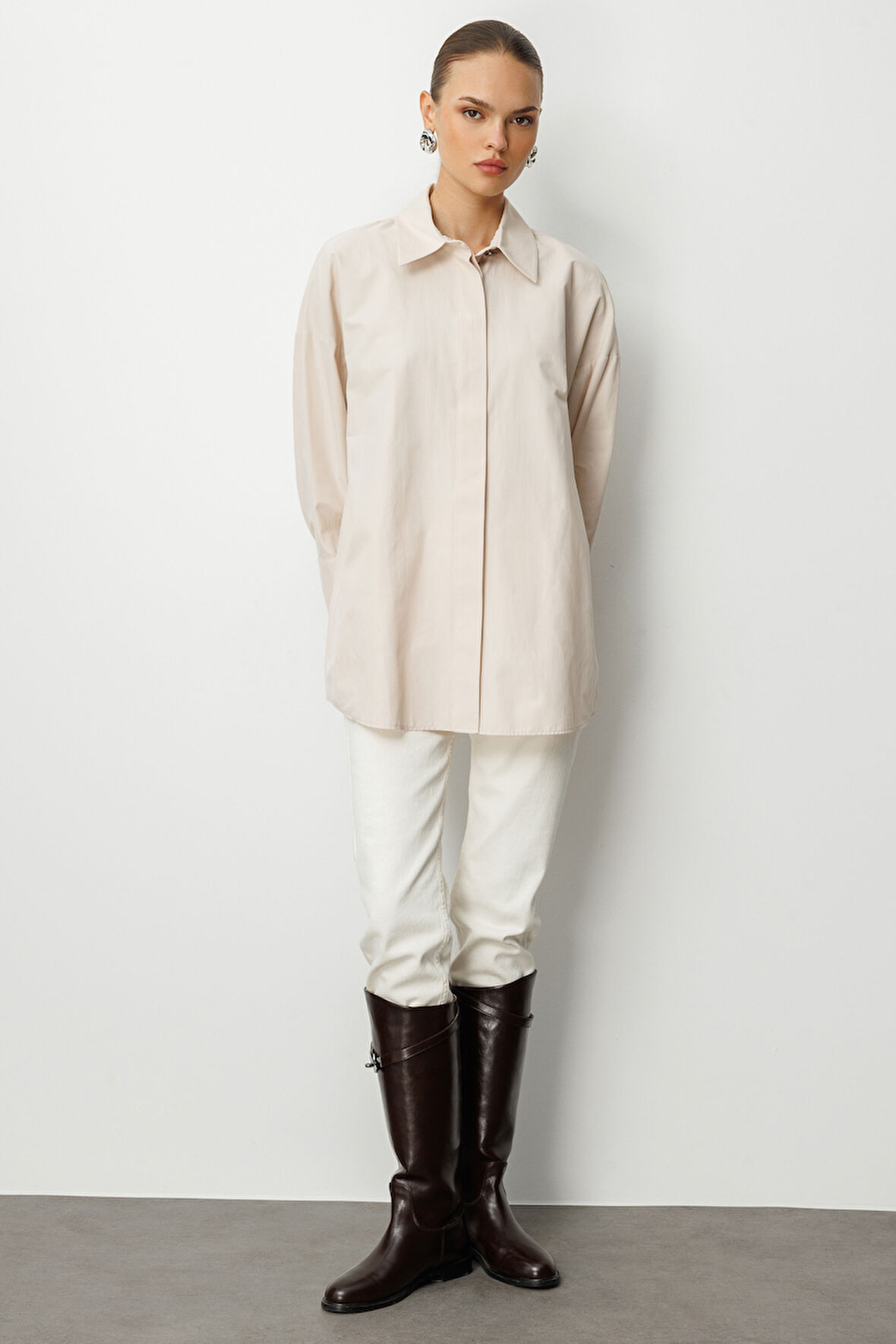 Mizalle Geniş Patlı Pamuklu Taş Rengi Tunik