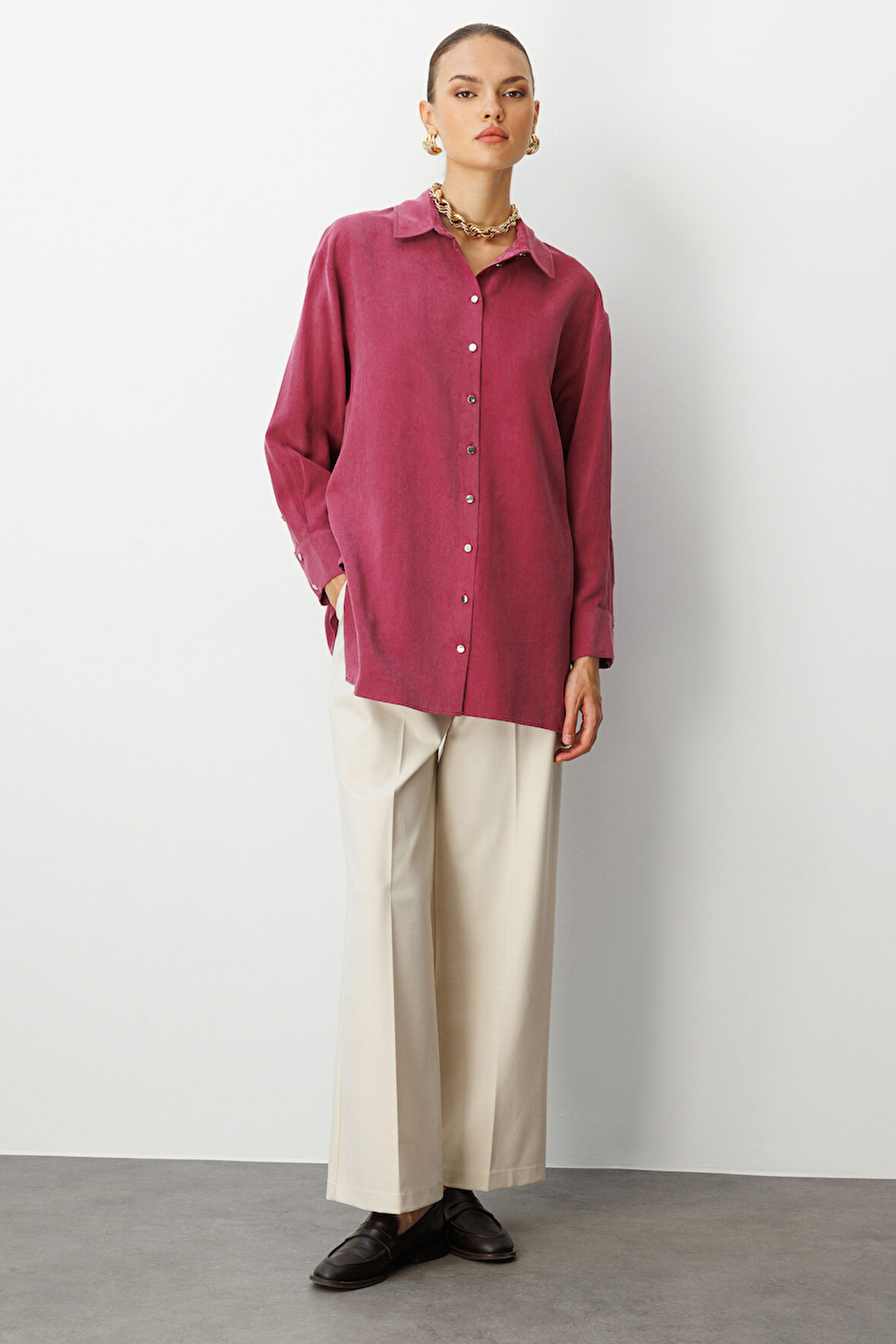 Mizalle Yan Düğmeli Mürdüm Cupro Tunik