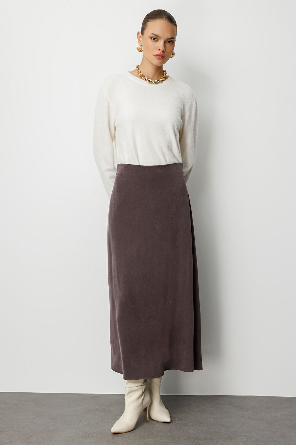 Mizalle A Kesim Cupro Kahverengi  Maksi Etek