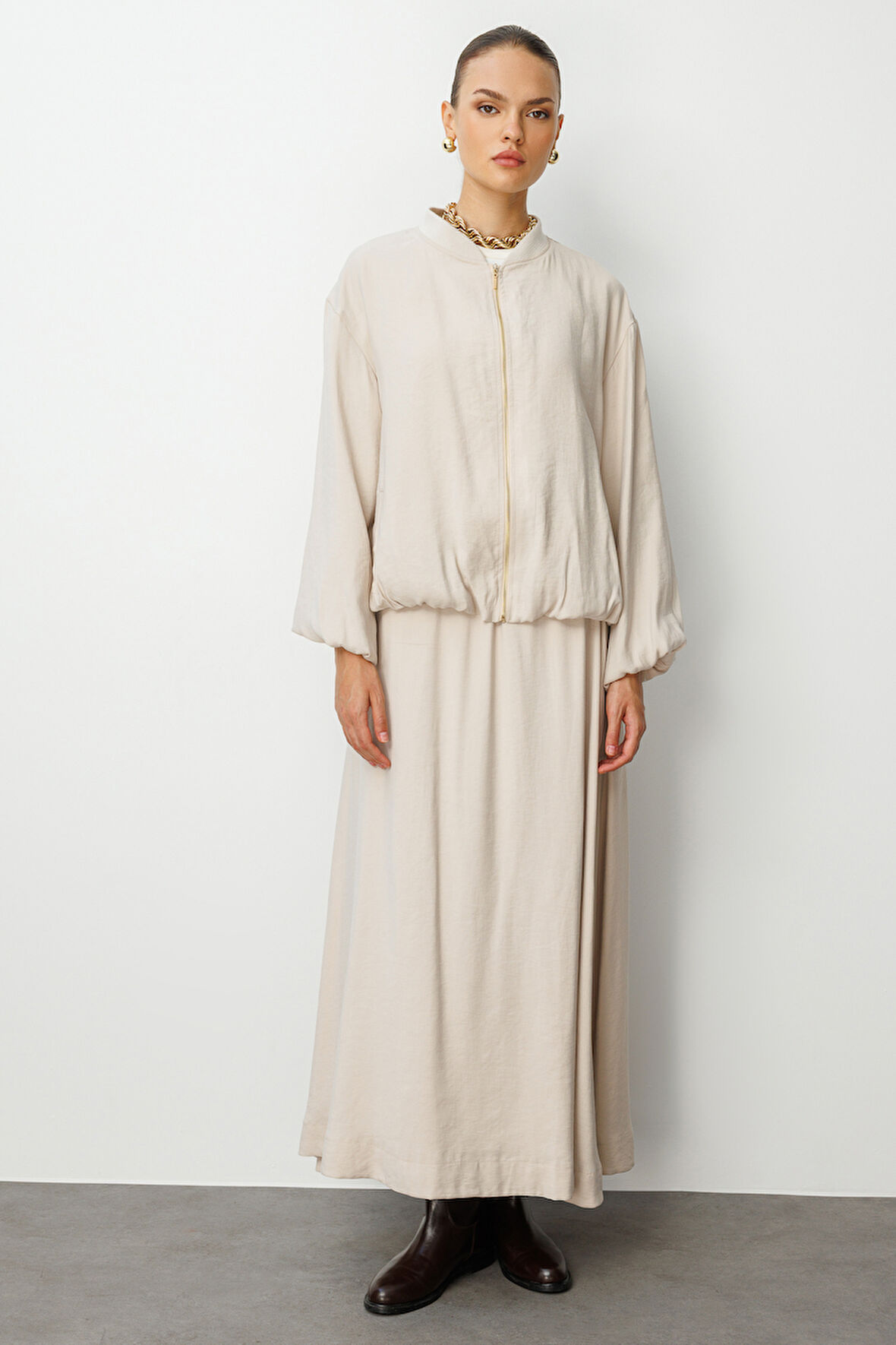 Mizalle Modal Karışımlı Taş Rengi Oversize Bomber Ceket