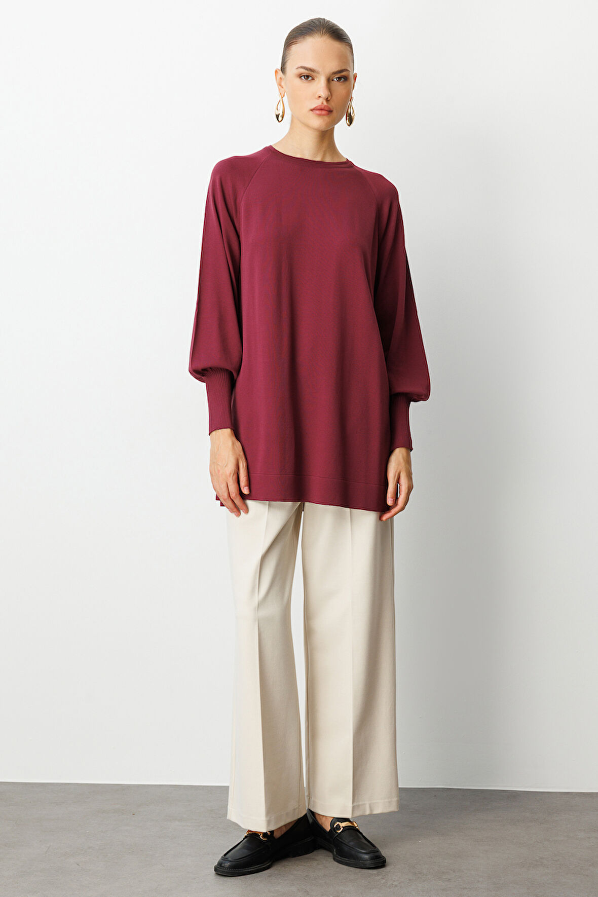 Mizalle Premium  Rayon Balon Kol Mürdüm Triko Kazak