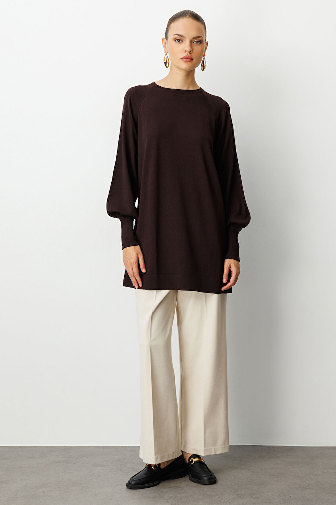 Mizalle Premium  Rayon Balon Kol Kahverengi Triko Kazak