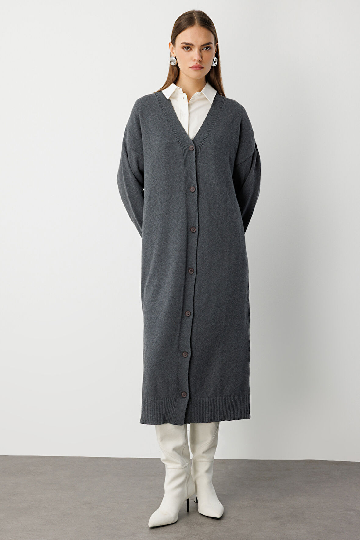 Mizalle Oversize V Yaka Uzun Gri Triko Hırka