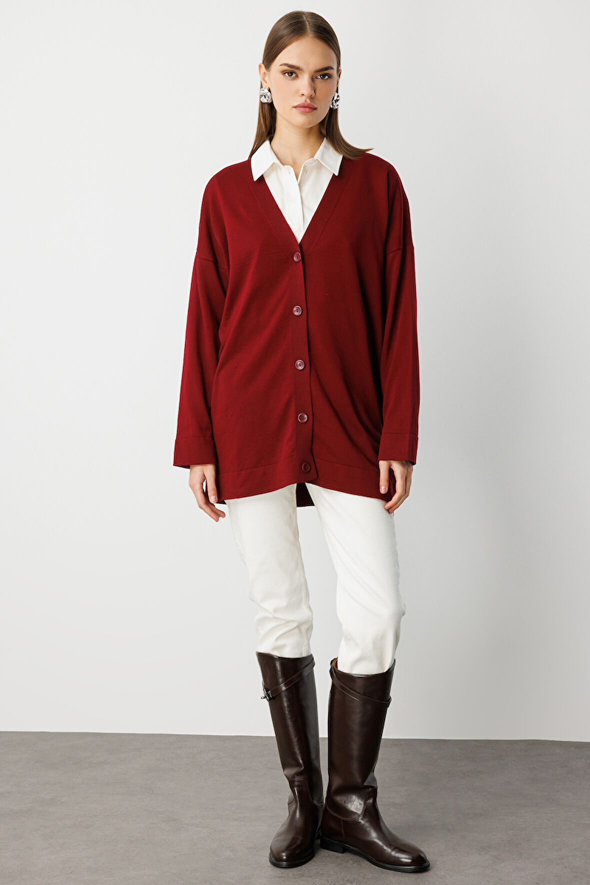 Mizalle Ekstra Oversize Düşük Kol Basic Bordo İnce Triko Hırka