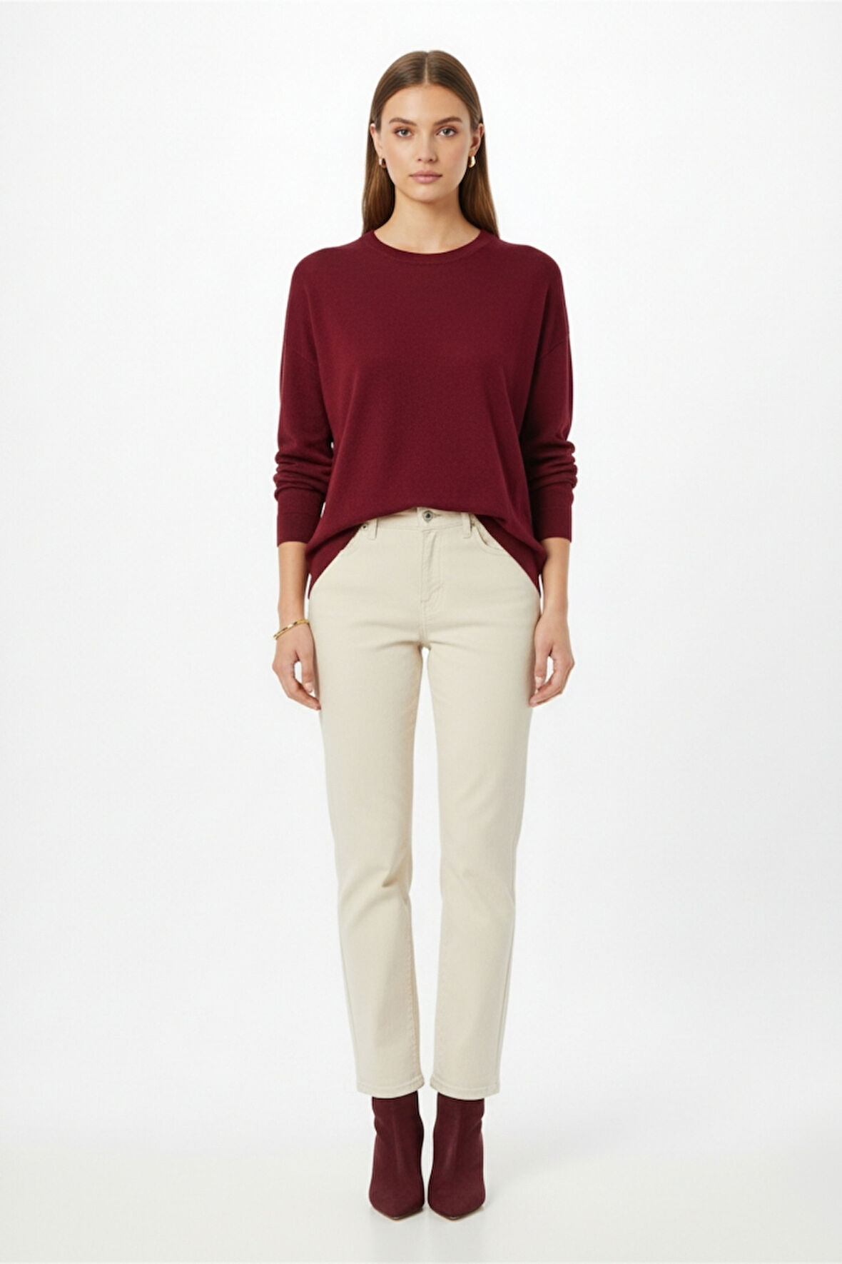 Mizalle Ekstra Oversize Düşük Kol Basic Bordo İnce Triko Kazak