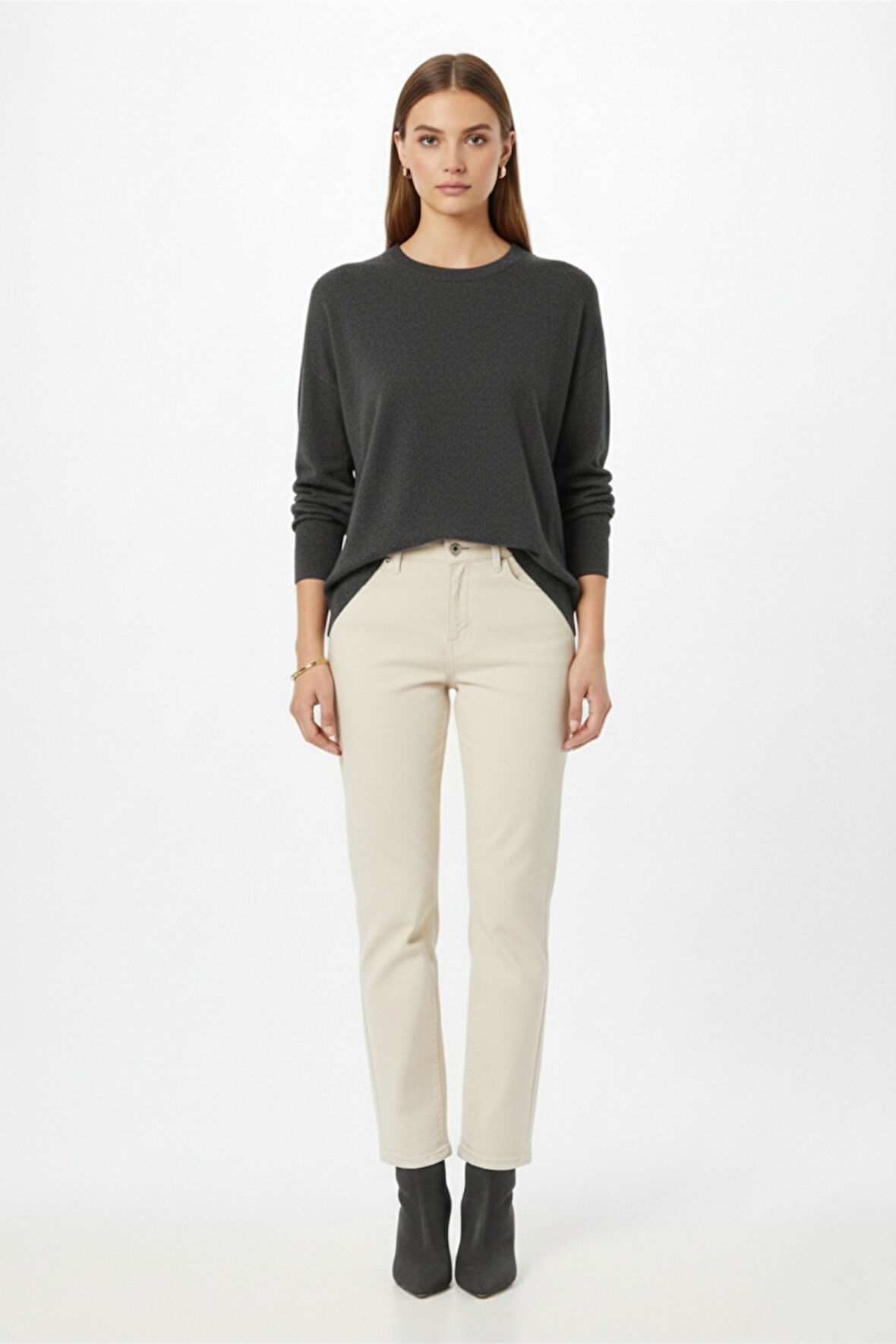 Mizalle Ekstra Oversize Düşük Kol Basic Antrasit İnce Triko Kazak