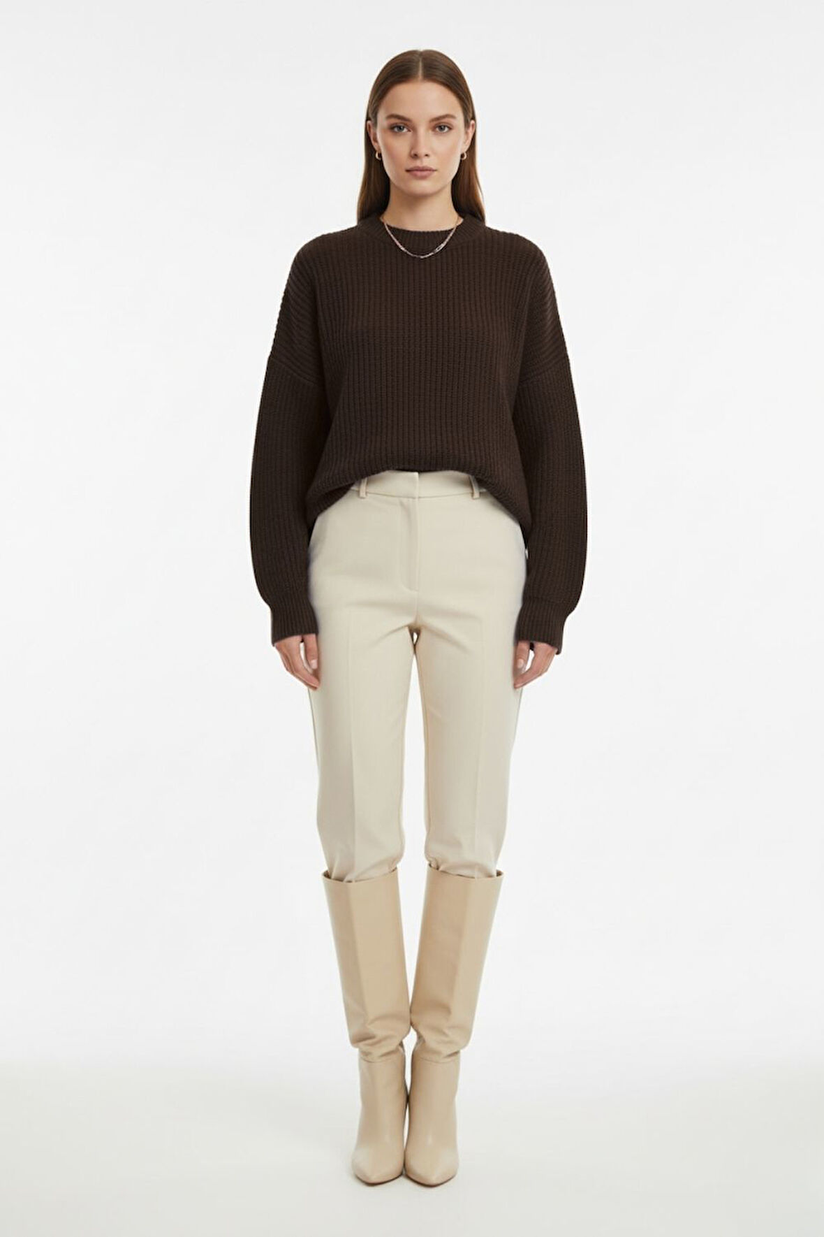 Mizalle Ekstra Oversize Düşük Kollu Selanik Örgü Kahverengi Kazak