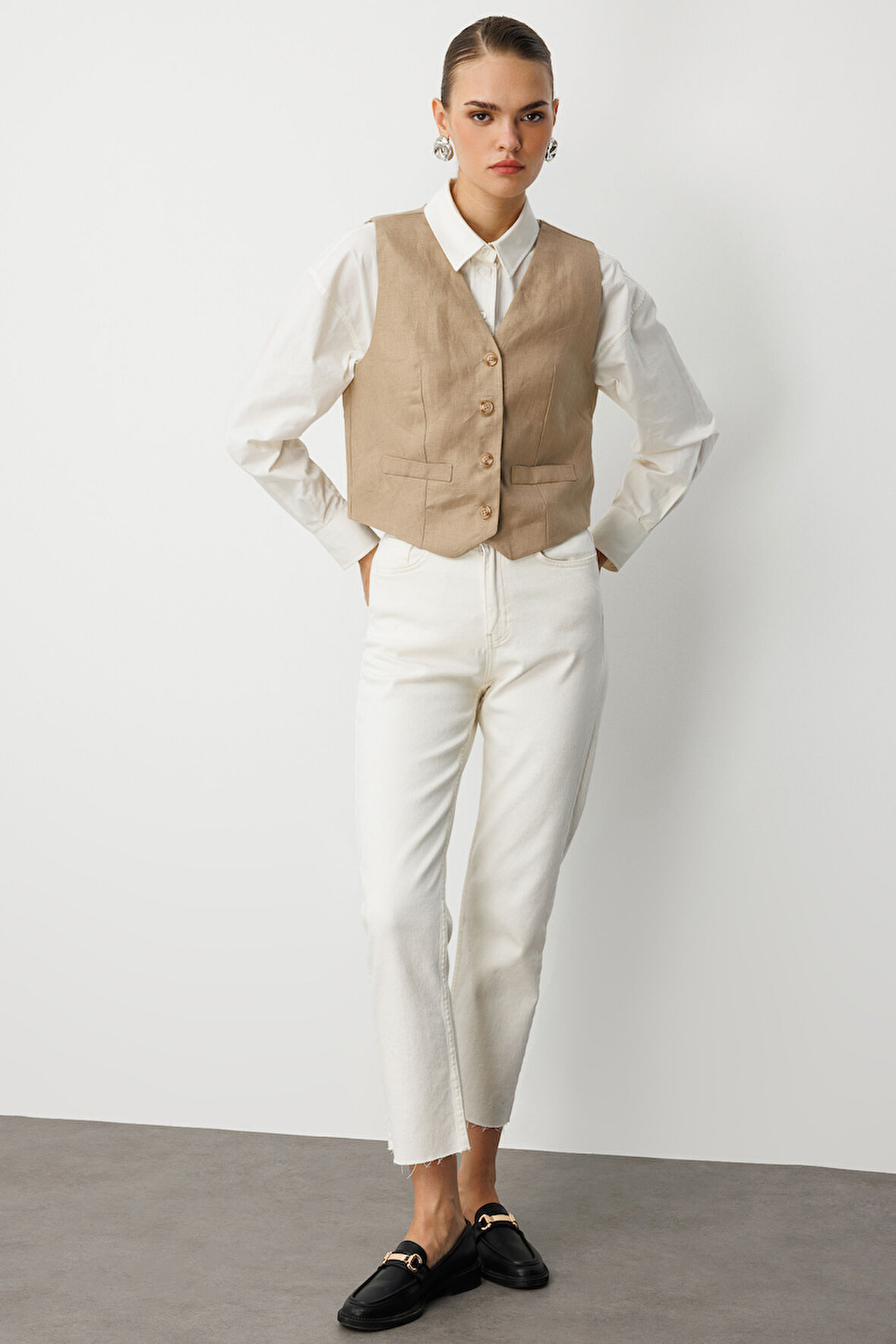 Mizalle Bej Rengi Saf Keten Yelek