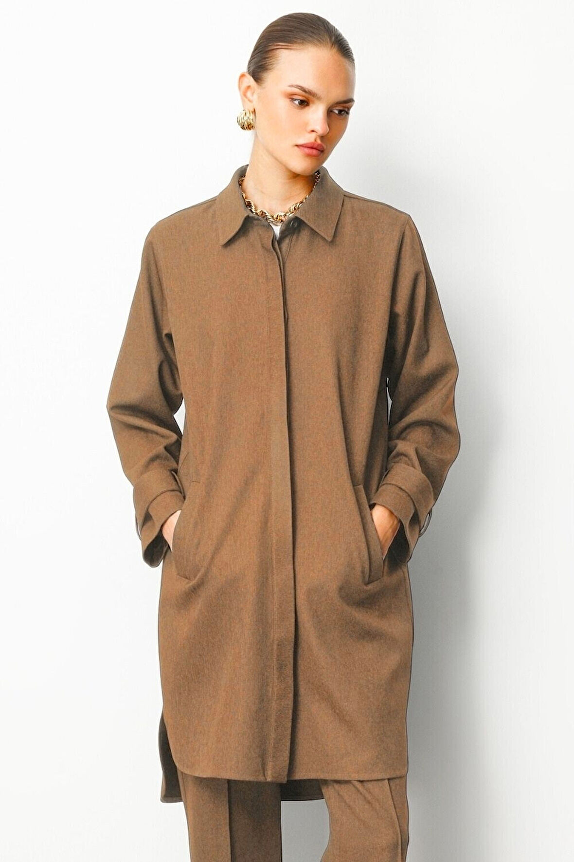 Mizalle Melanj Dokuma Karamel Rengi Uzun Tunik