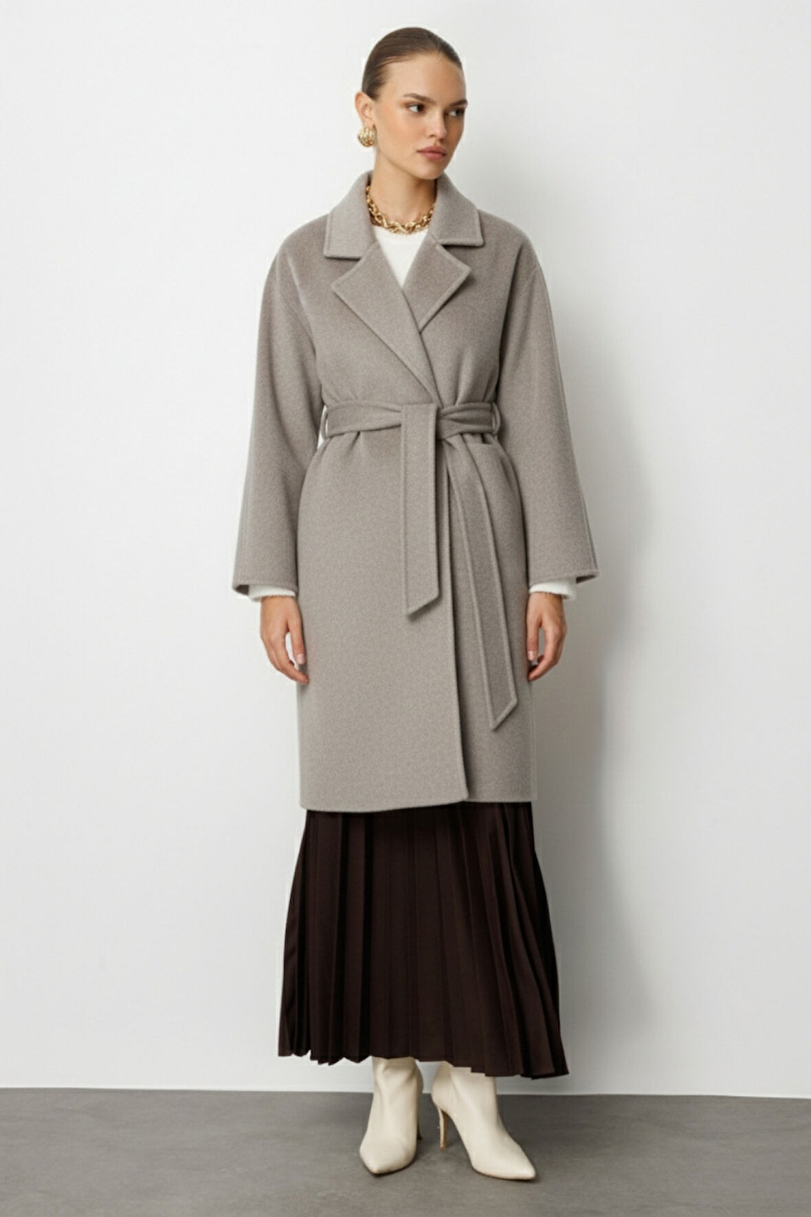 Mizalle Yünlü Kaşe Doku Torba Cepli Basic Vizon Rengi Kaban