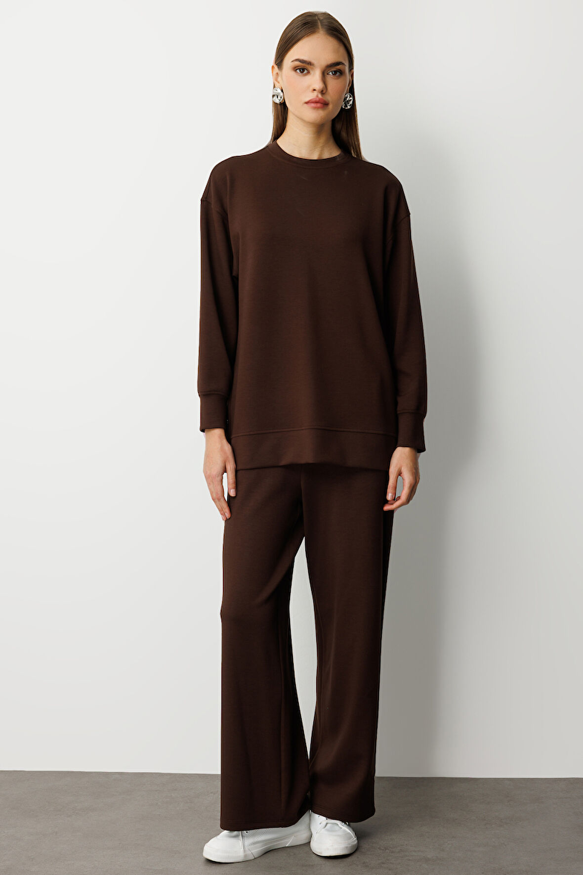 Mizalle Çıtçıtlı Yumuşak Dokulu Kahverengi Spor Tunik