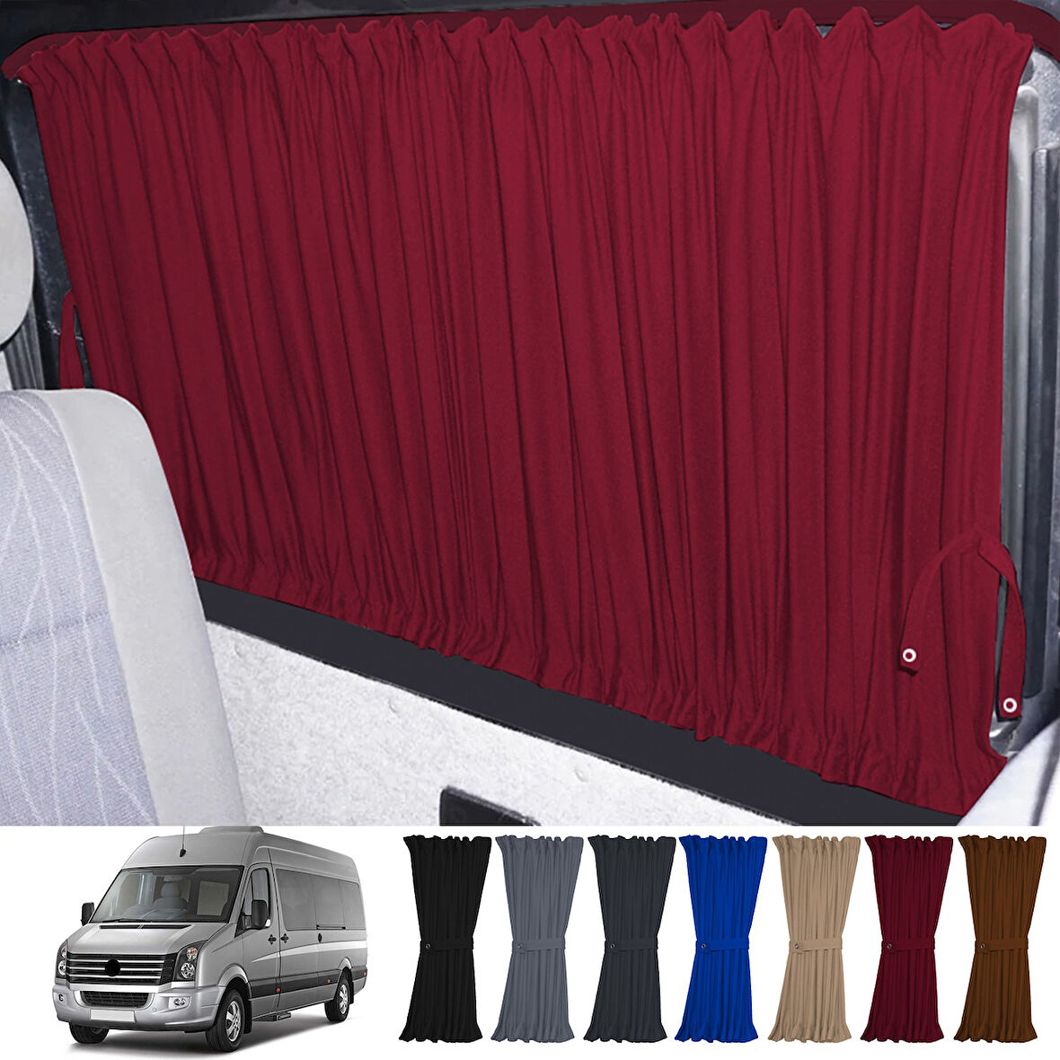 Volkswagen Crafter 1.nesil Uzun Şase 2006-2016 Uyumlu Bordo Raylı Oto Perde Takımı