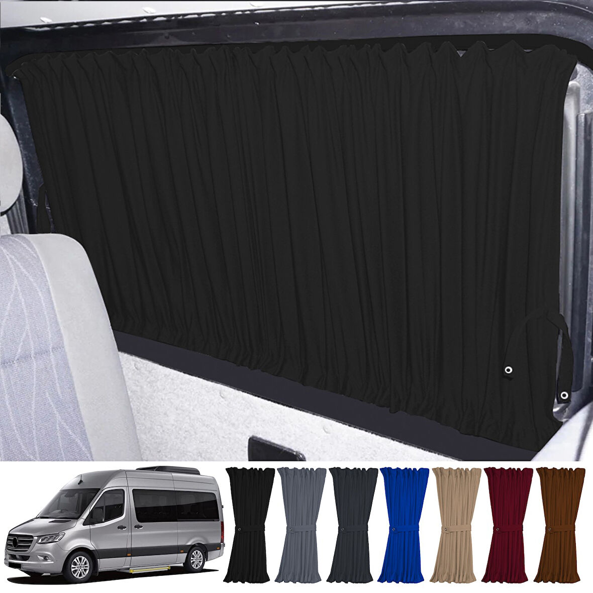 Mercedes Sprinter W907 Orta 2018+ Uyumlu Siyah Raylı Oto Perde Takımı
