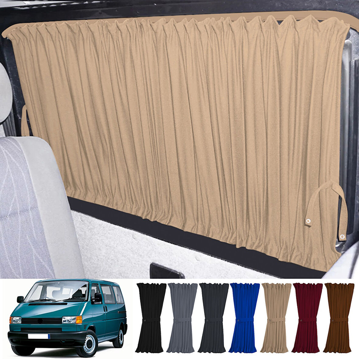 Volkswagen T4 - Transporter / Caravelle Uzun Şase 1990-2003 Uyumlu Krem Raylı Oto Perde Takımı