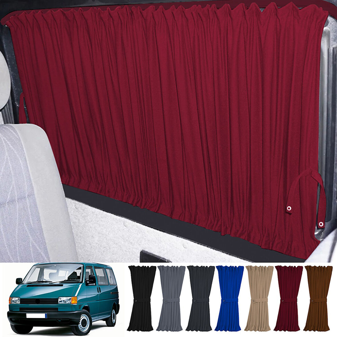 Volkswagen T4 - Transporter / Caravelle Uzun Şase 1990-2003 Uyumlu Bordo Raylı Oto Perde Takımı